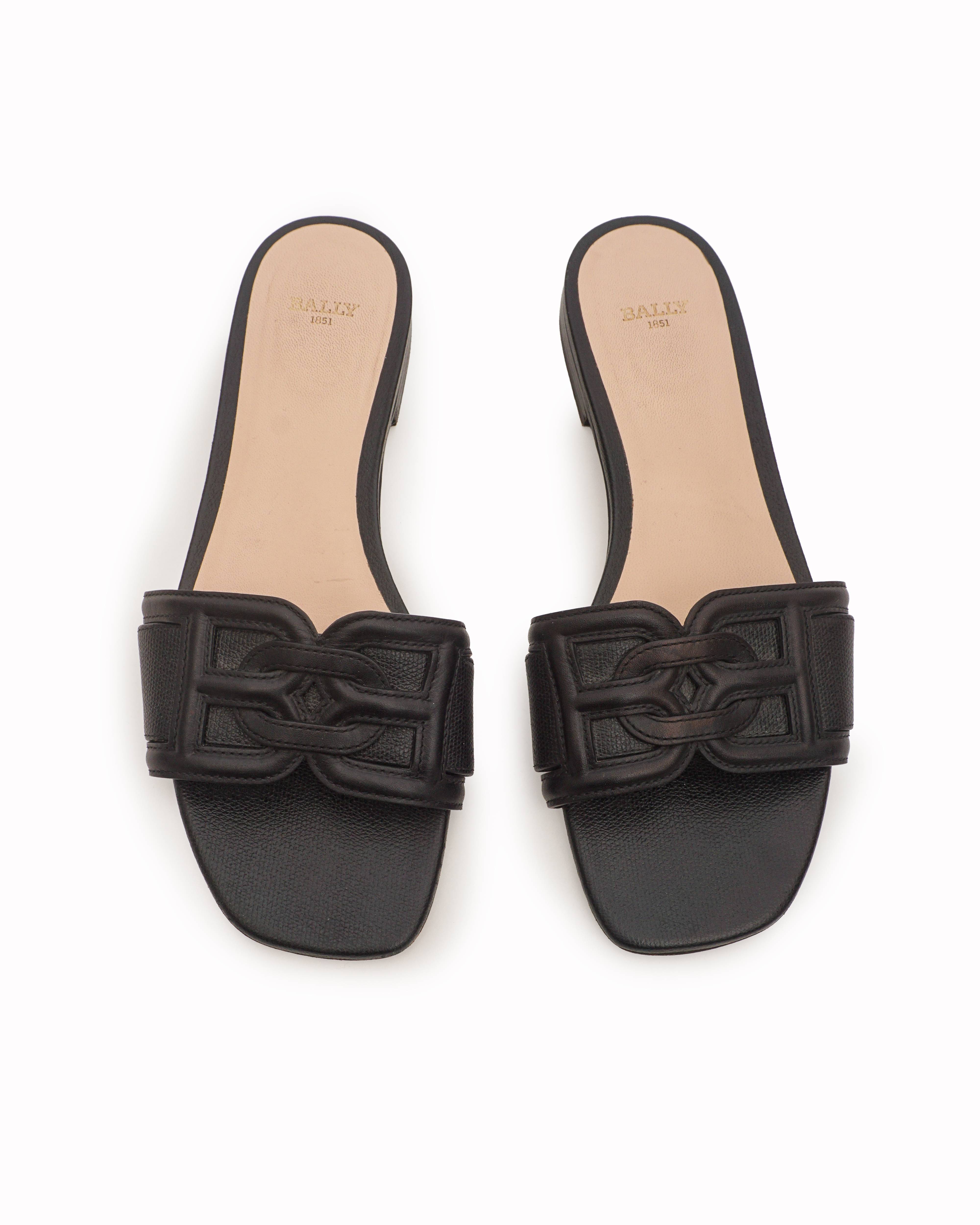 Bally Black Leather Interlocking B-Chain Flat Slide