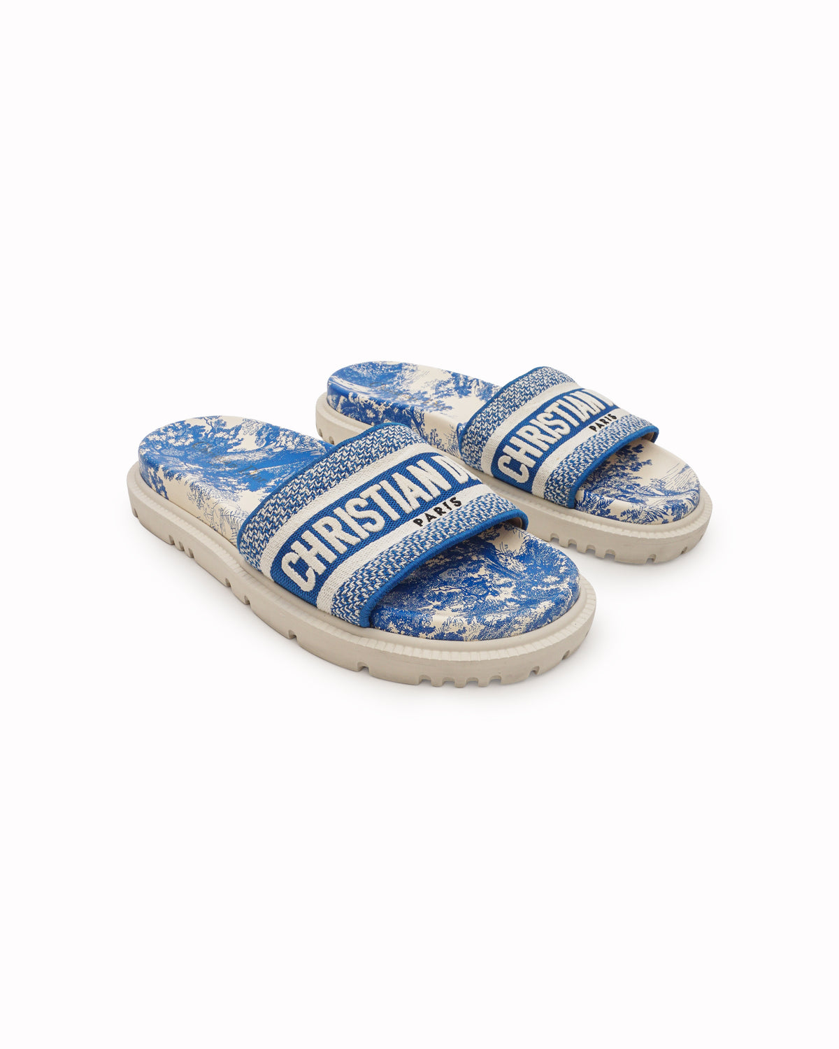 Christian Dior Dway Blue & White Toile de Jouy Embroidered Logo Slides