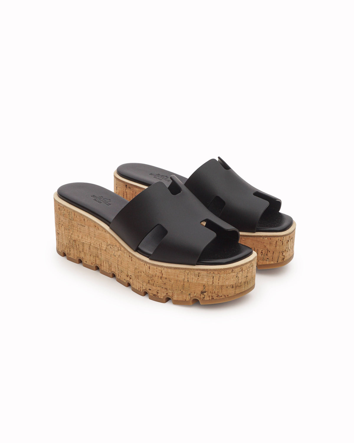 Hermès Eze 30 Black Leather Cork Platform Wedge Sandals