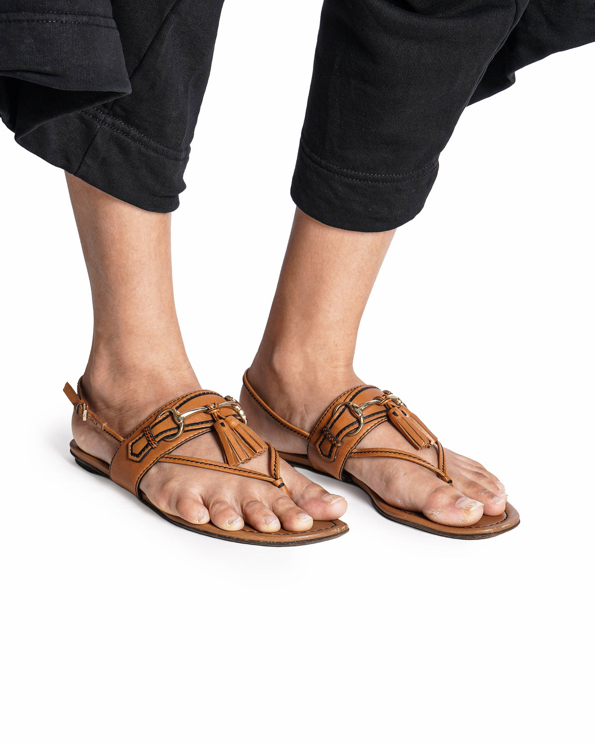 Gucci Tan Leather Tassel Horsebit Thong Flat Sandals