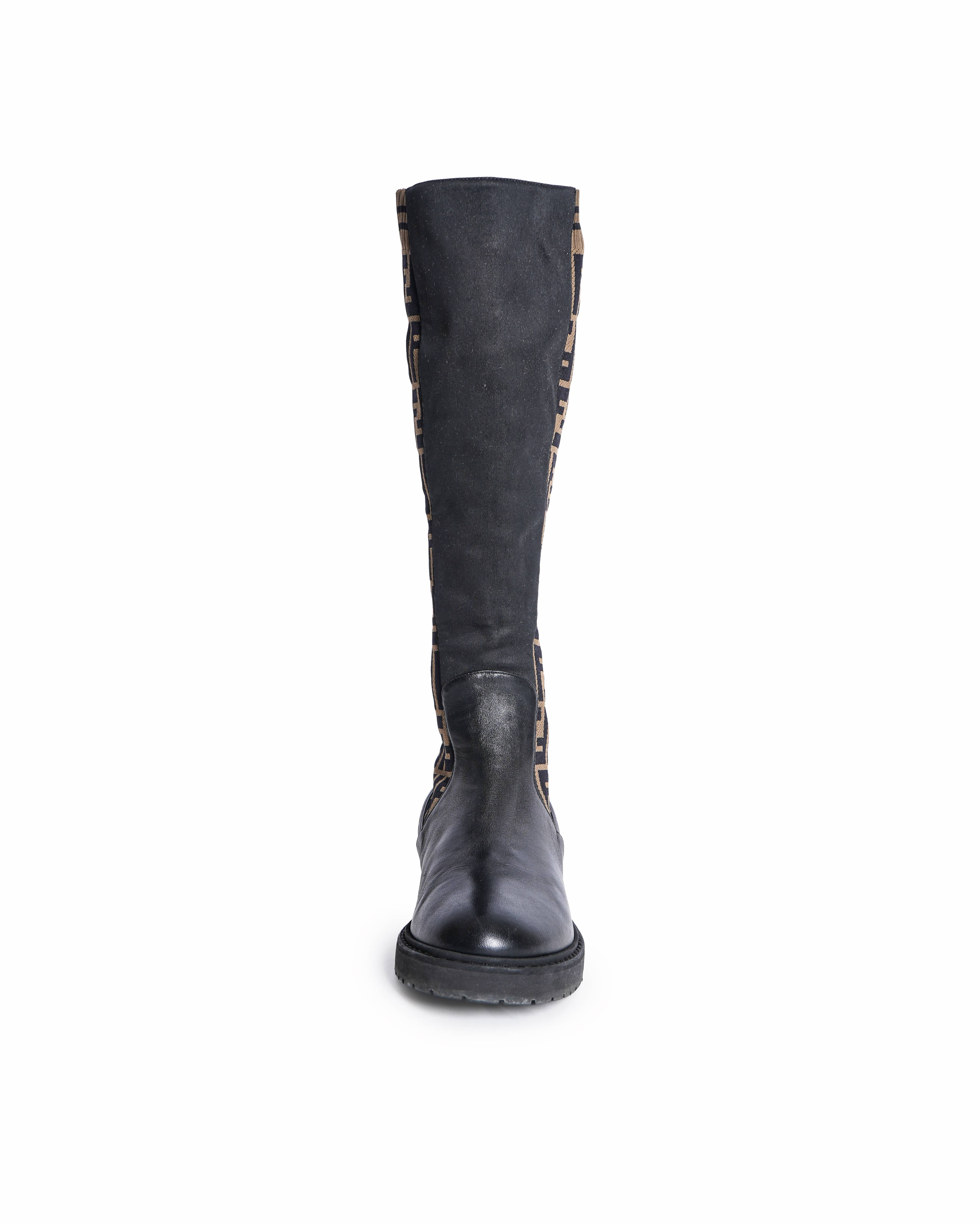 Fendi Zucca FF Logo Leather Riding Boots