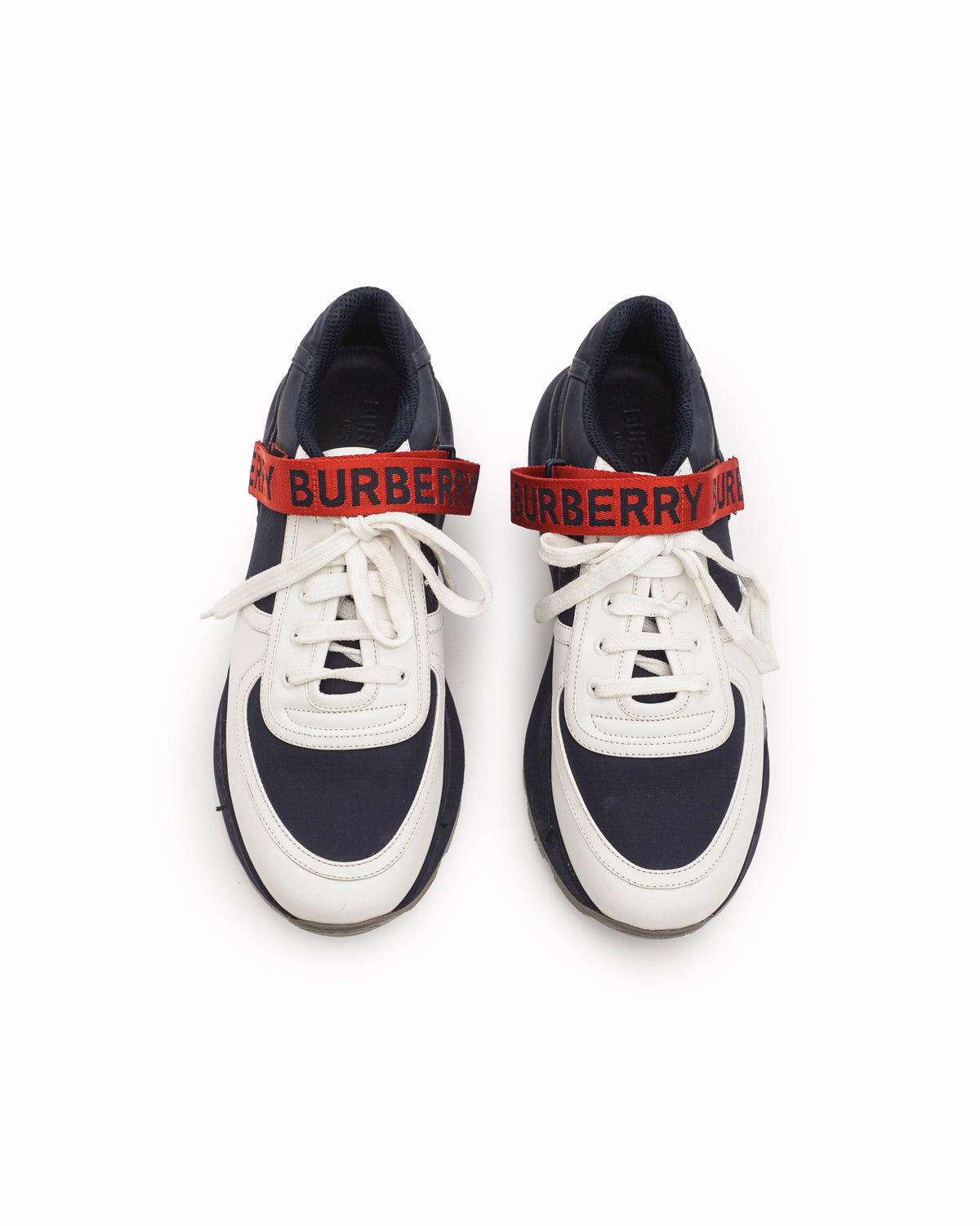 Burberry Navy Blue & White Logo Strap Regis Sneakers