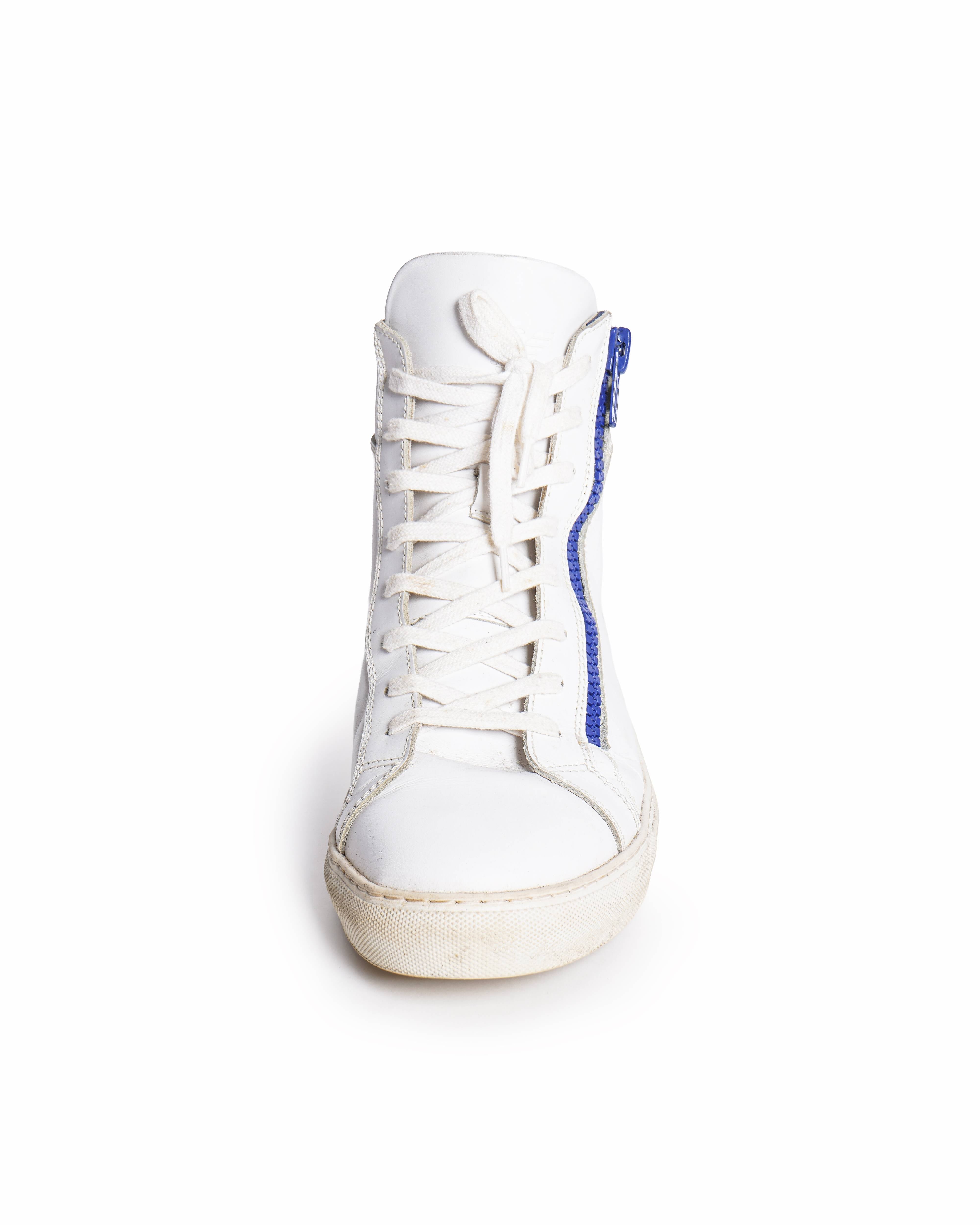 Emporio Armani Men's White Leather Blue-Zip High-Top Sneakers