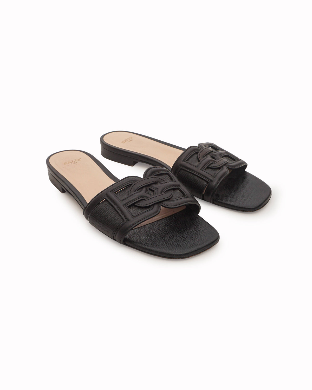 Bally Black Leather Interlocking B-Chain Flat Slide