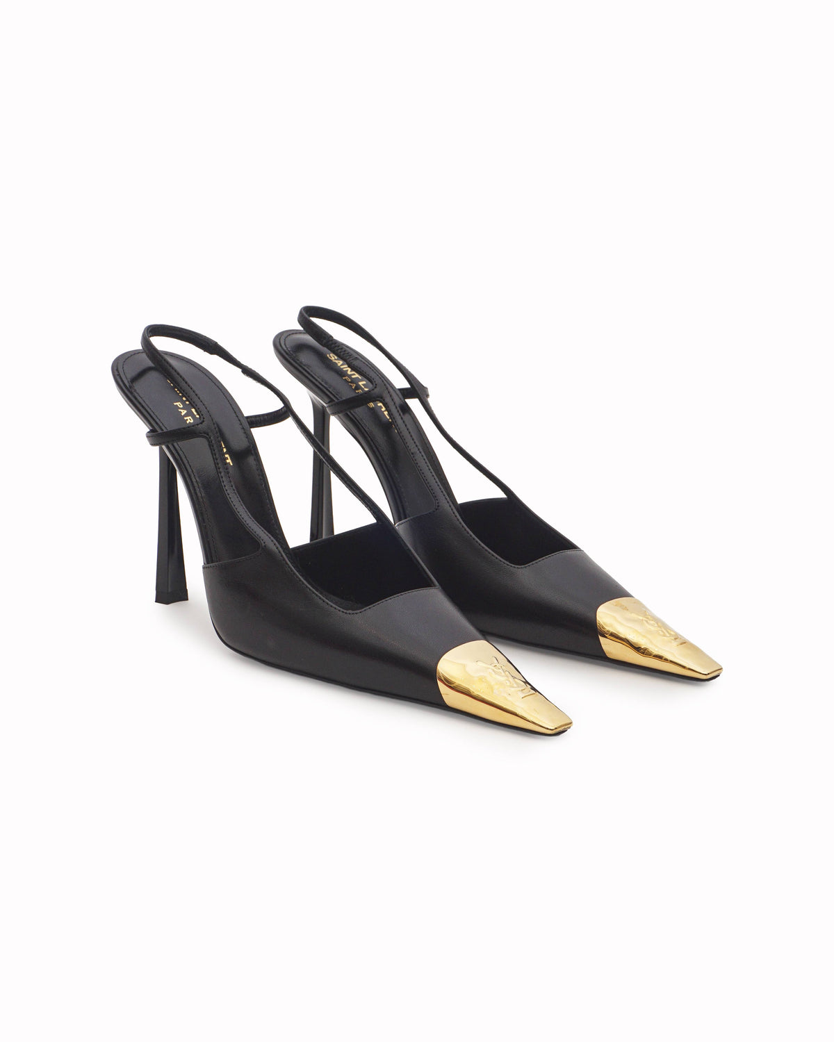 Saint Laurent Black Leather Gold YSL Cap-Toe Pumps