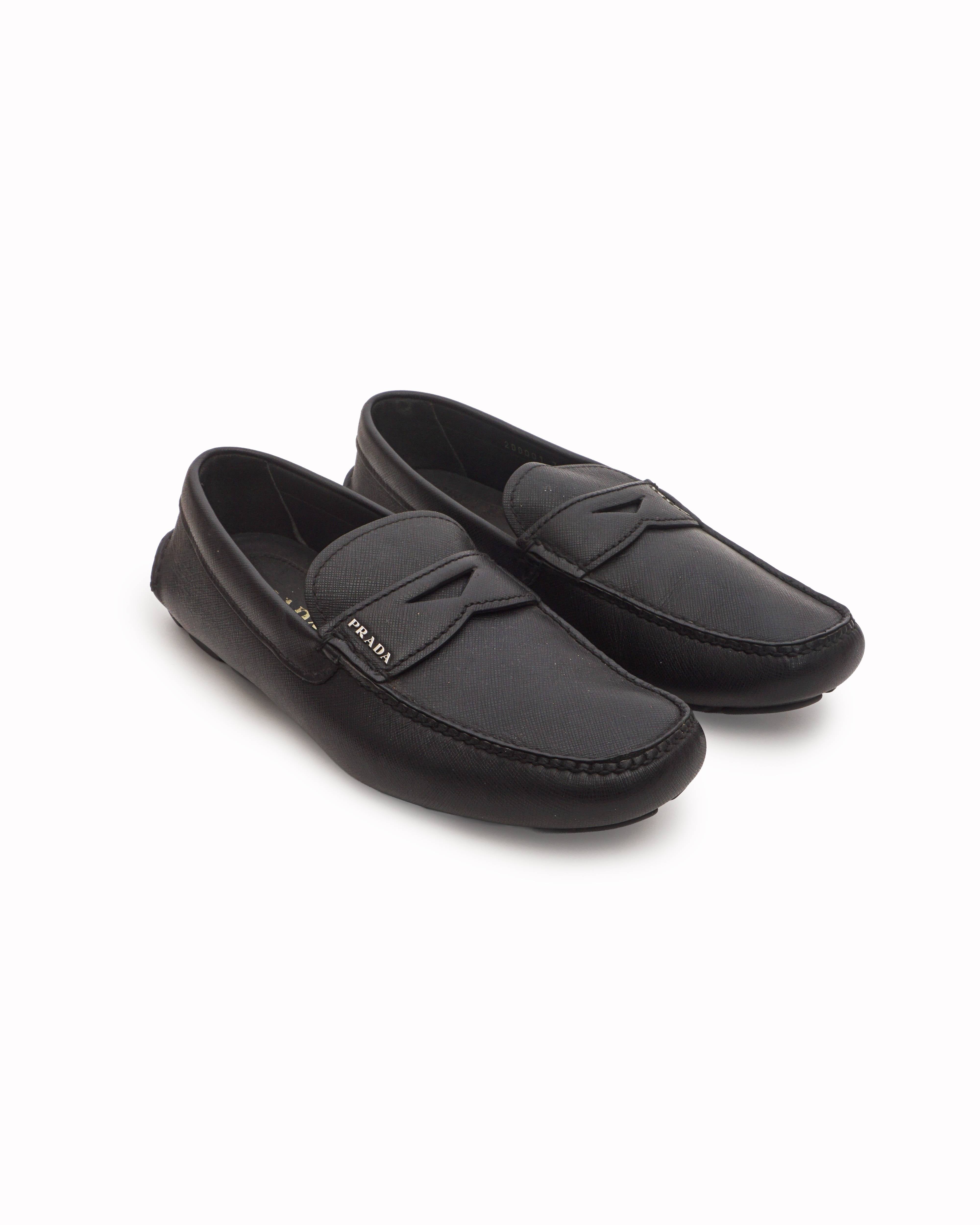 Prada Men's Black Saffiano Leather Strap Loafers
