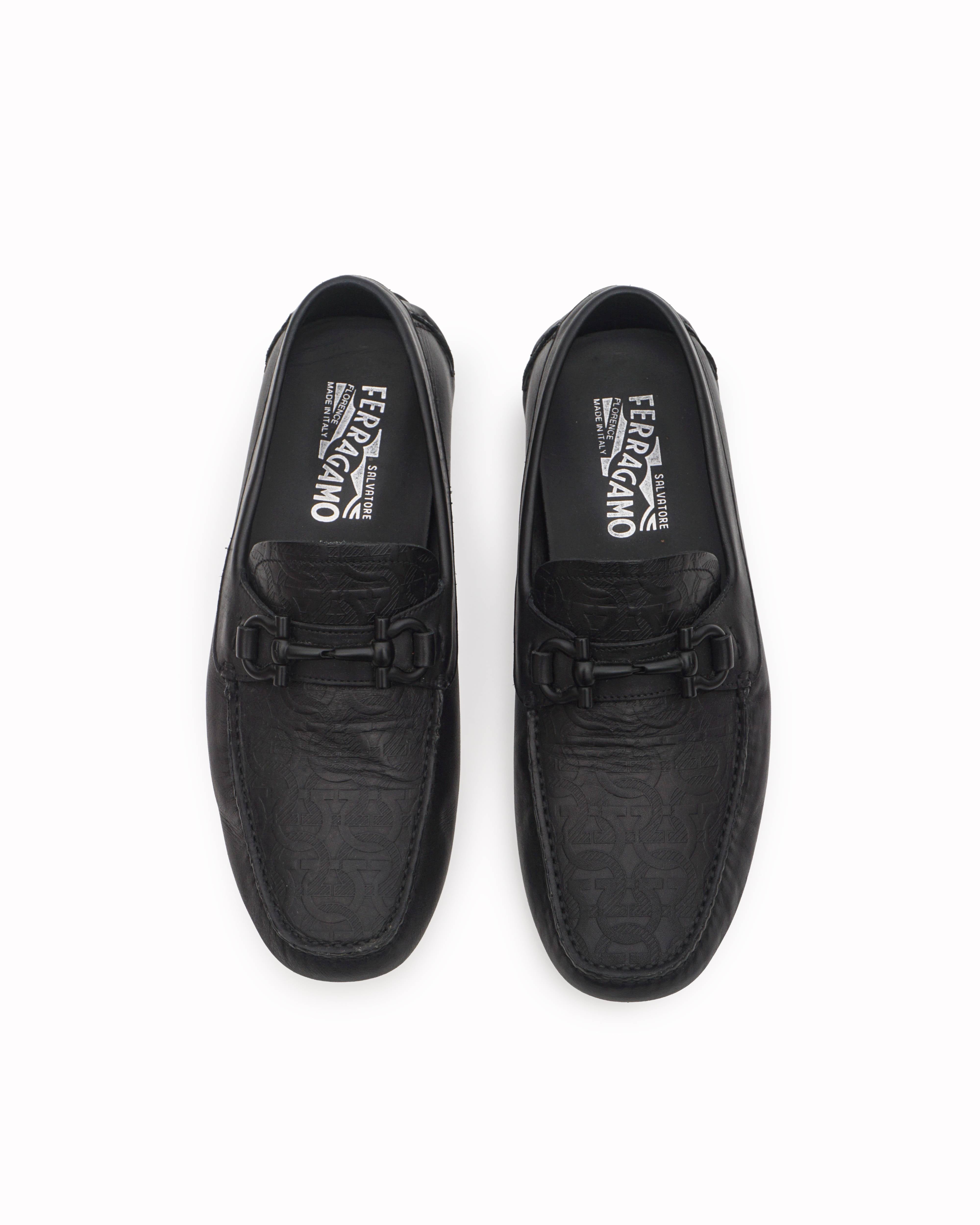 Salvatore Ferragamo Black Embossed Gancini Leather Loafers