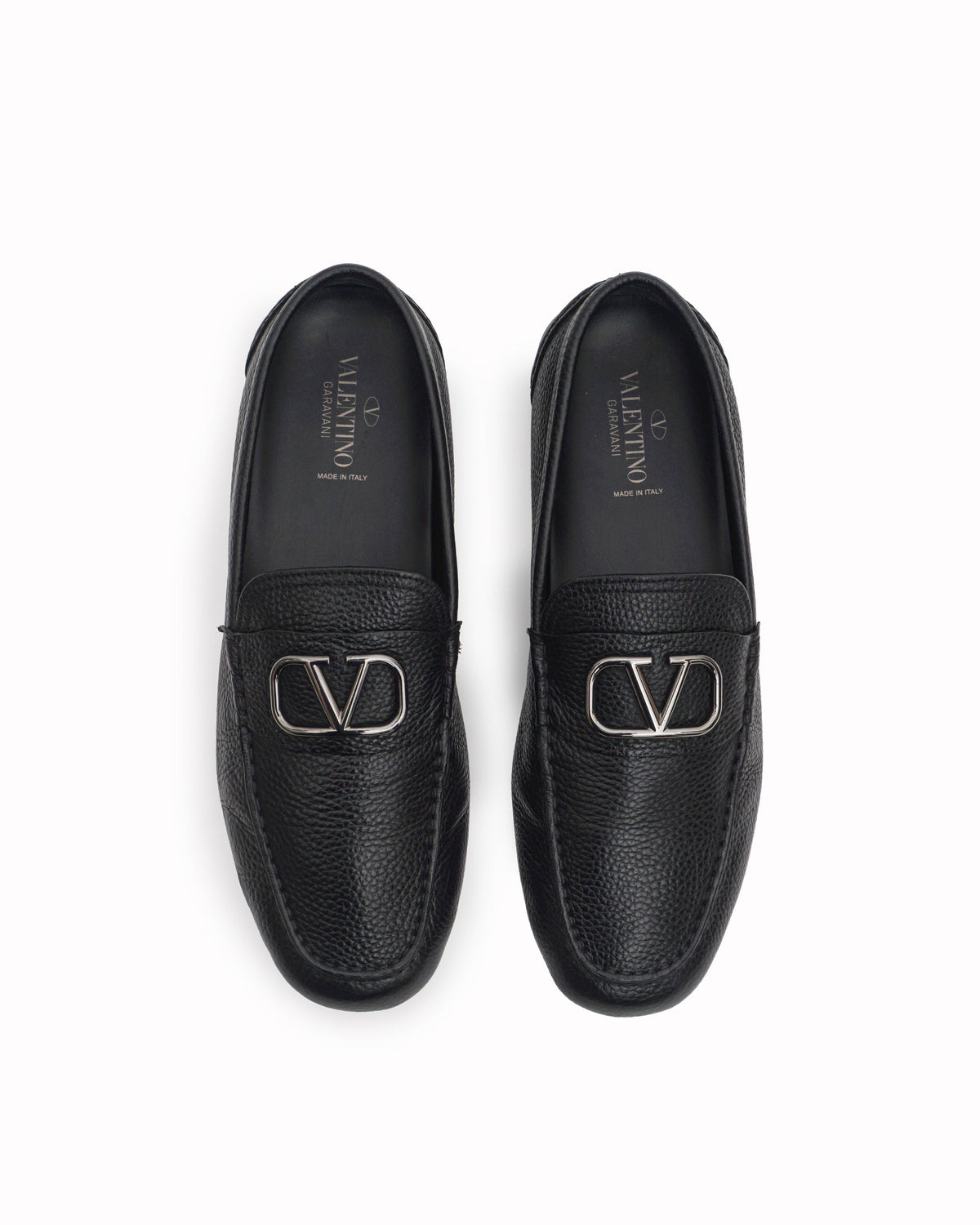 Valentino Garavani Black Grained Leather VLogo Driver Loafers