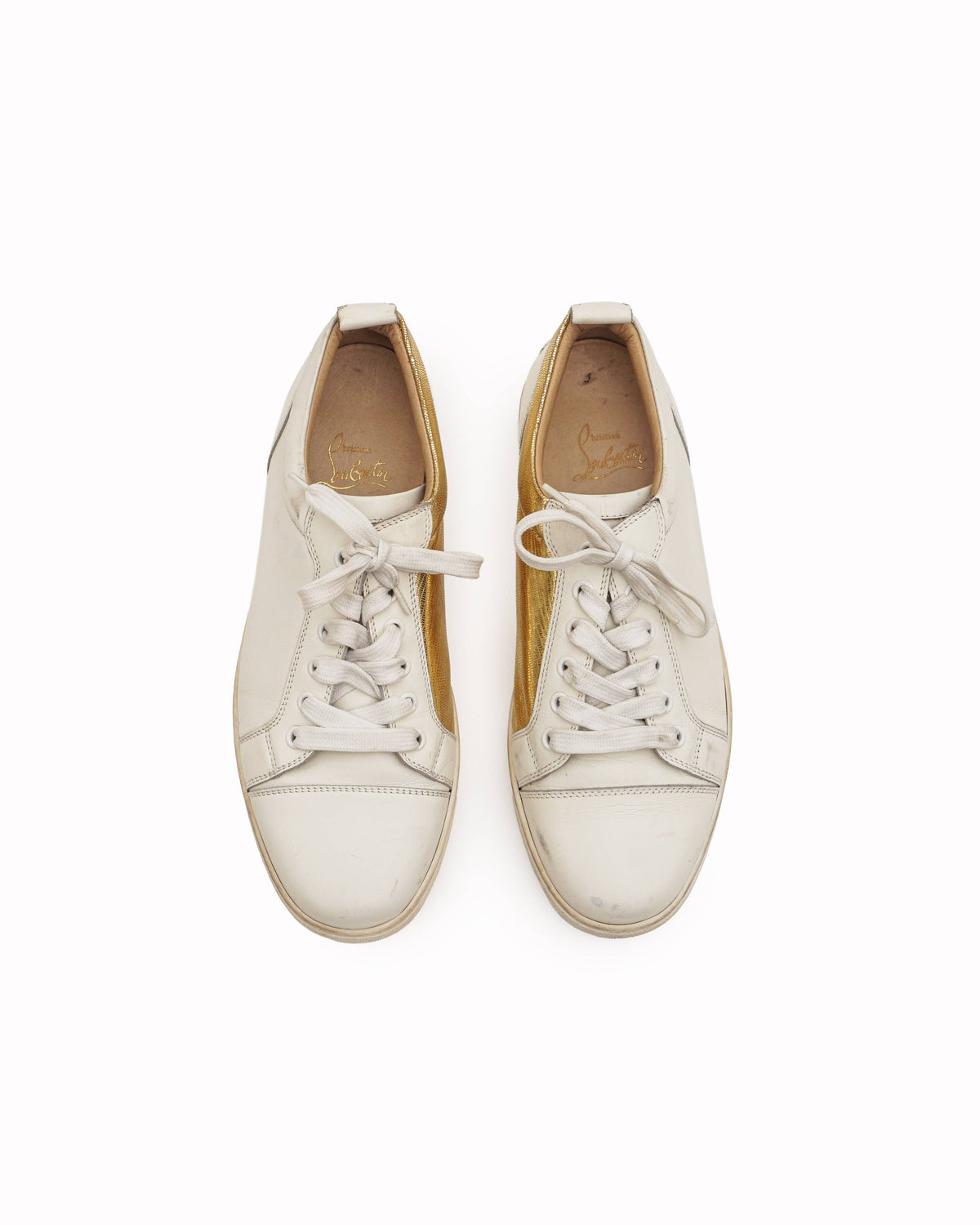 Christian Louboutin White & Metallic Gold Leather Unisex Sneakers