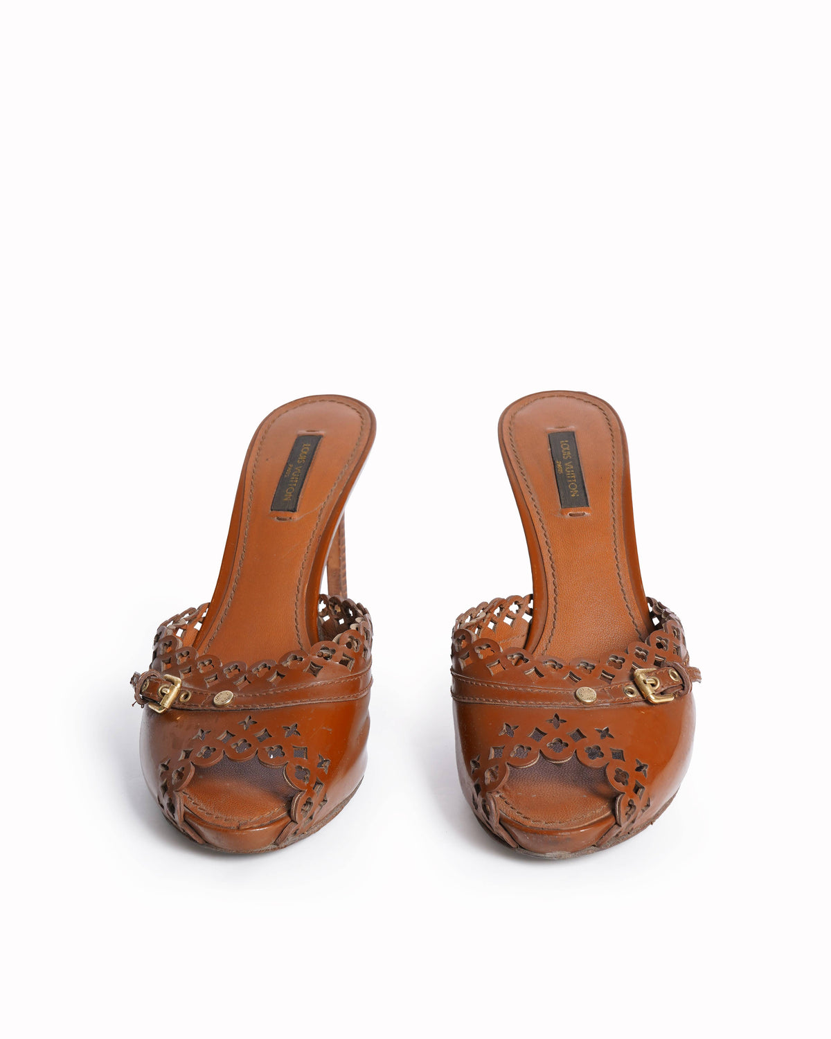 Louis Vuitton Brown Patent Leather Laser Cut Buckle Detail Sandals