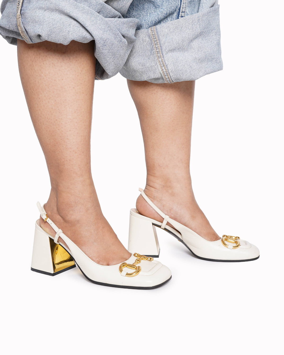 Gucci Horsebit Slingback Block Heels In White