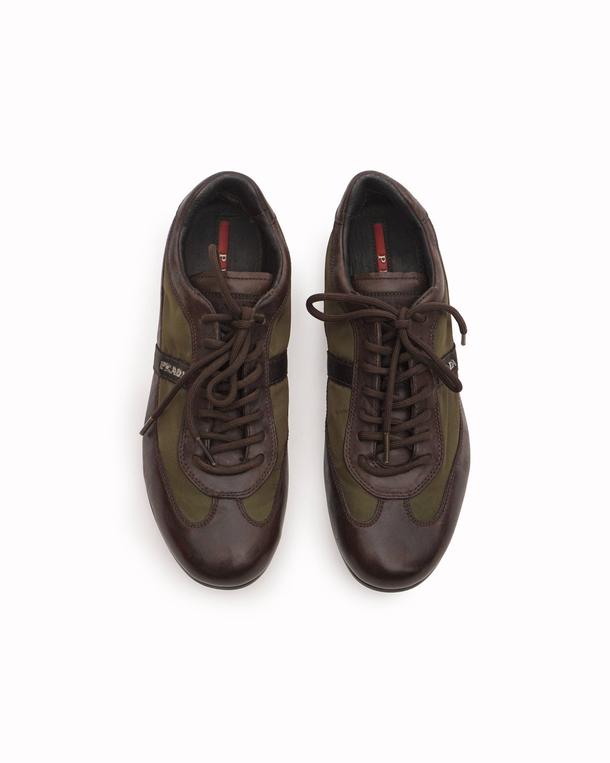 Prada Men's Dark Brown Leather & Olive Nylon Low Trainers