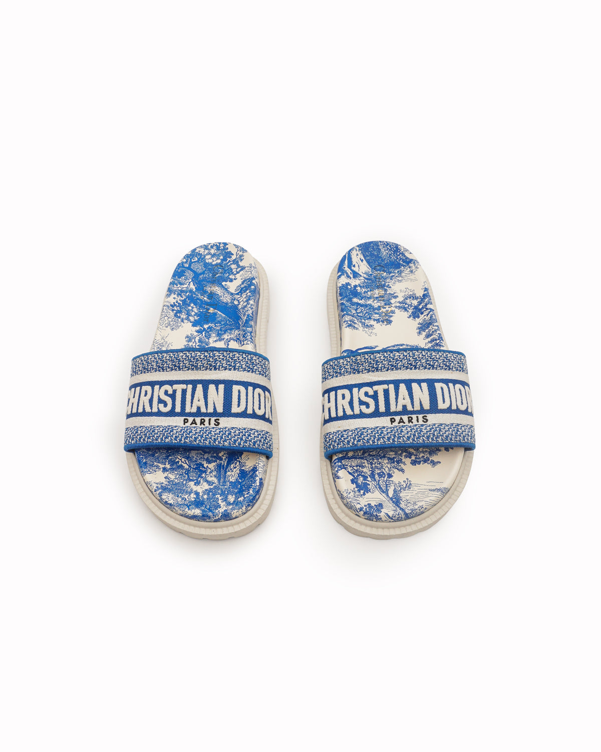 Christian Dior Dway Blue & White Toile de Jouy Embroidered Logo Slides
