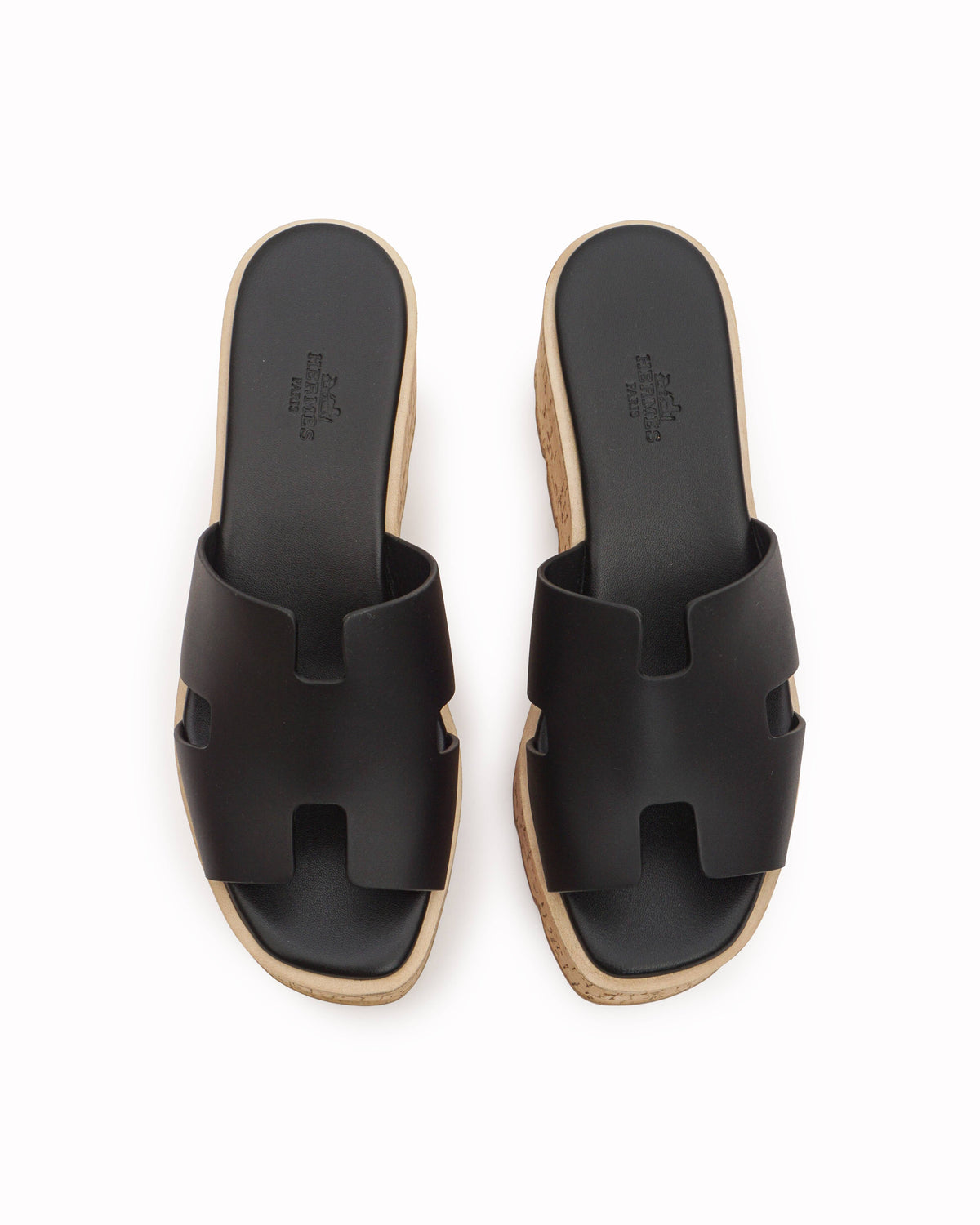 Hermès Eze 30 Black Leather Cork Platform Wedge Sandals