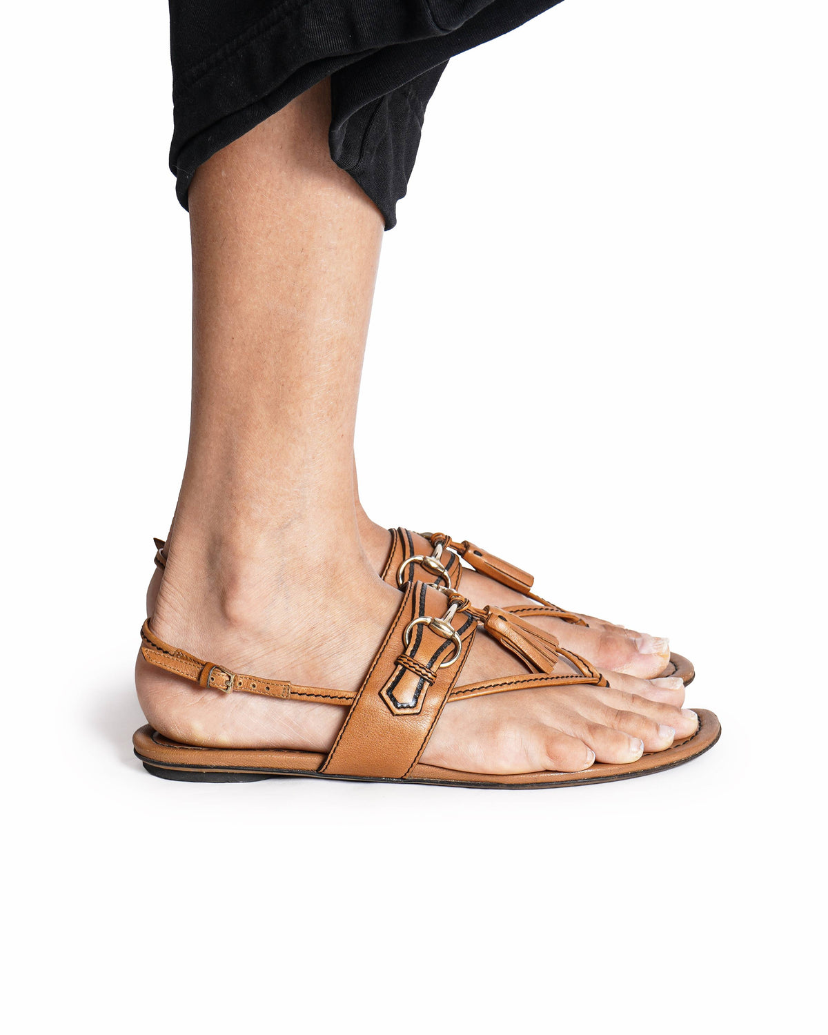 Gucci Tan Leather Tassel Horsebit Thong Flat Sandals