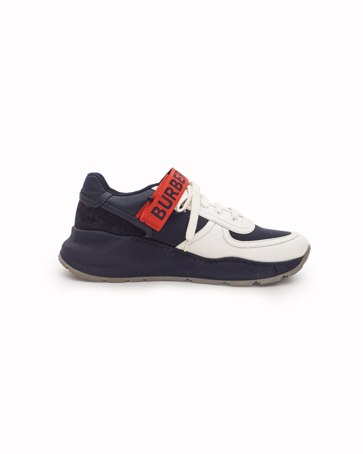Burberry Navy Blue & White Logo Strap Regis Sneakers