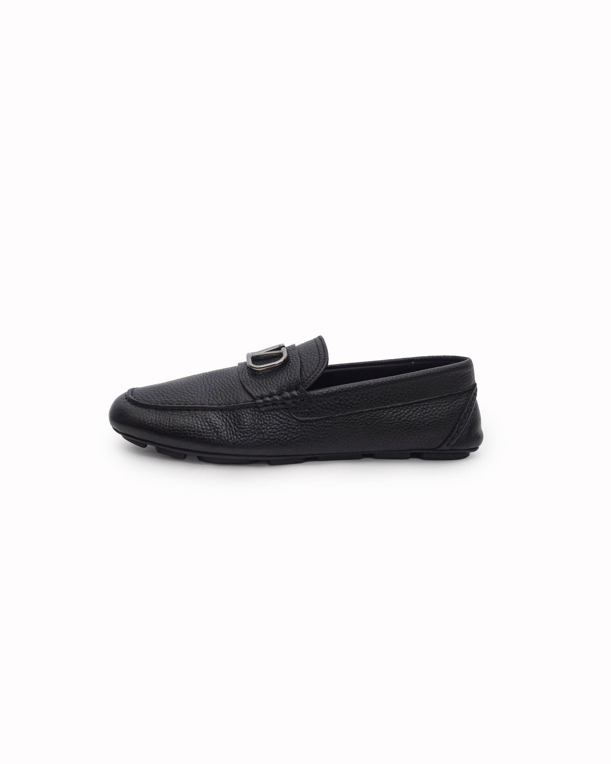 Valentino Garavani Black Grained Leather VLogo Driver Loafers