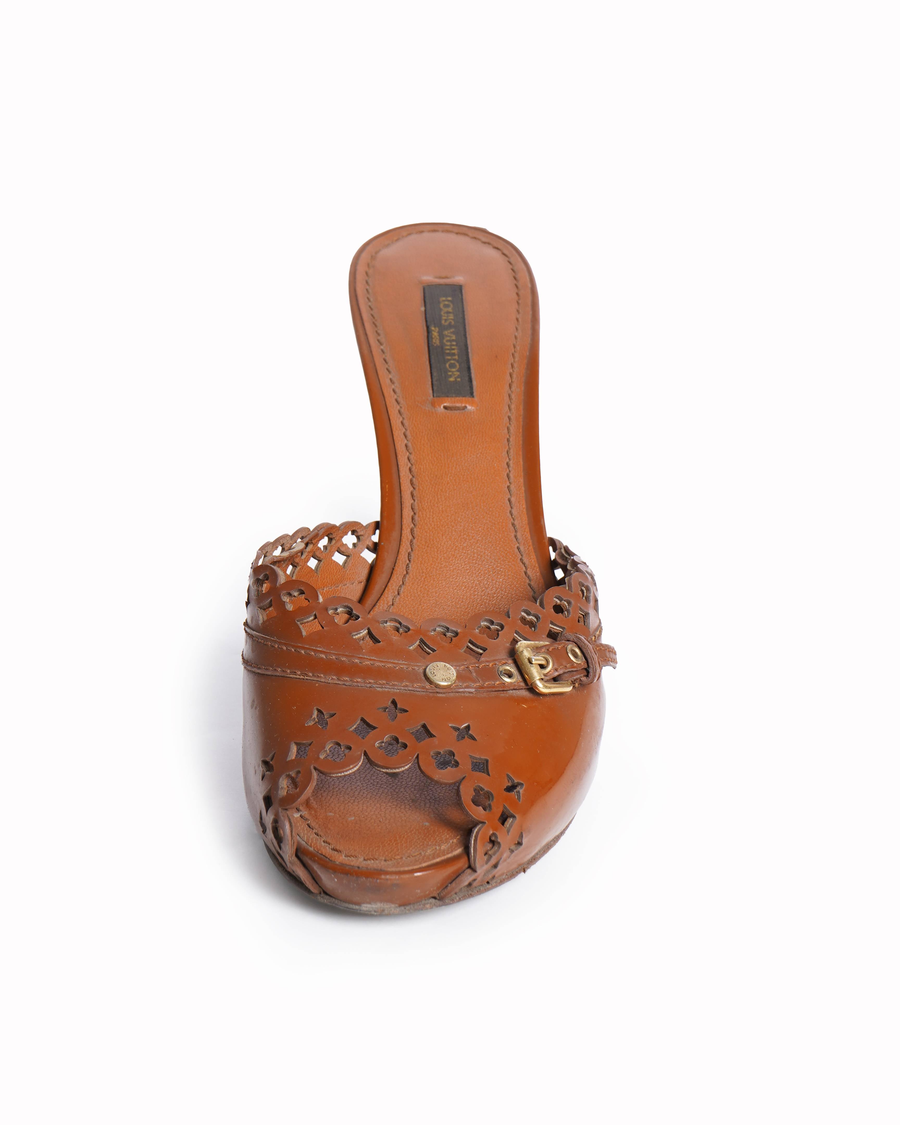 Louis Vuitton Brown Patent Leather Laser Cut Buckle Detail Sandals
