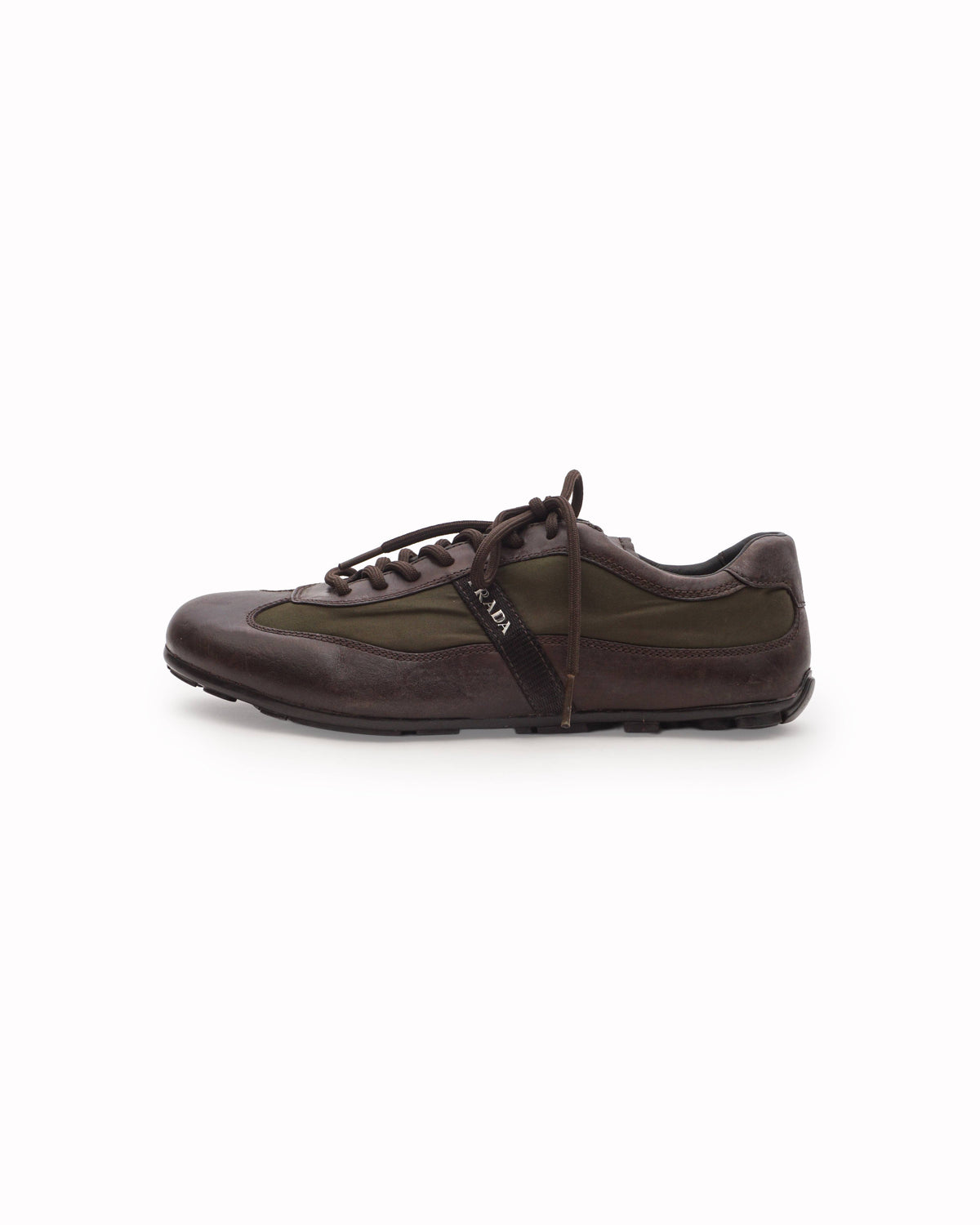 Prada Men's Dark Brown Leather & Olive Nylon Low Trainers