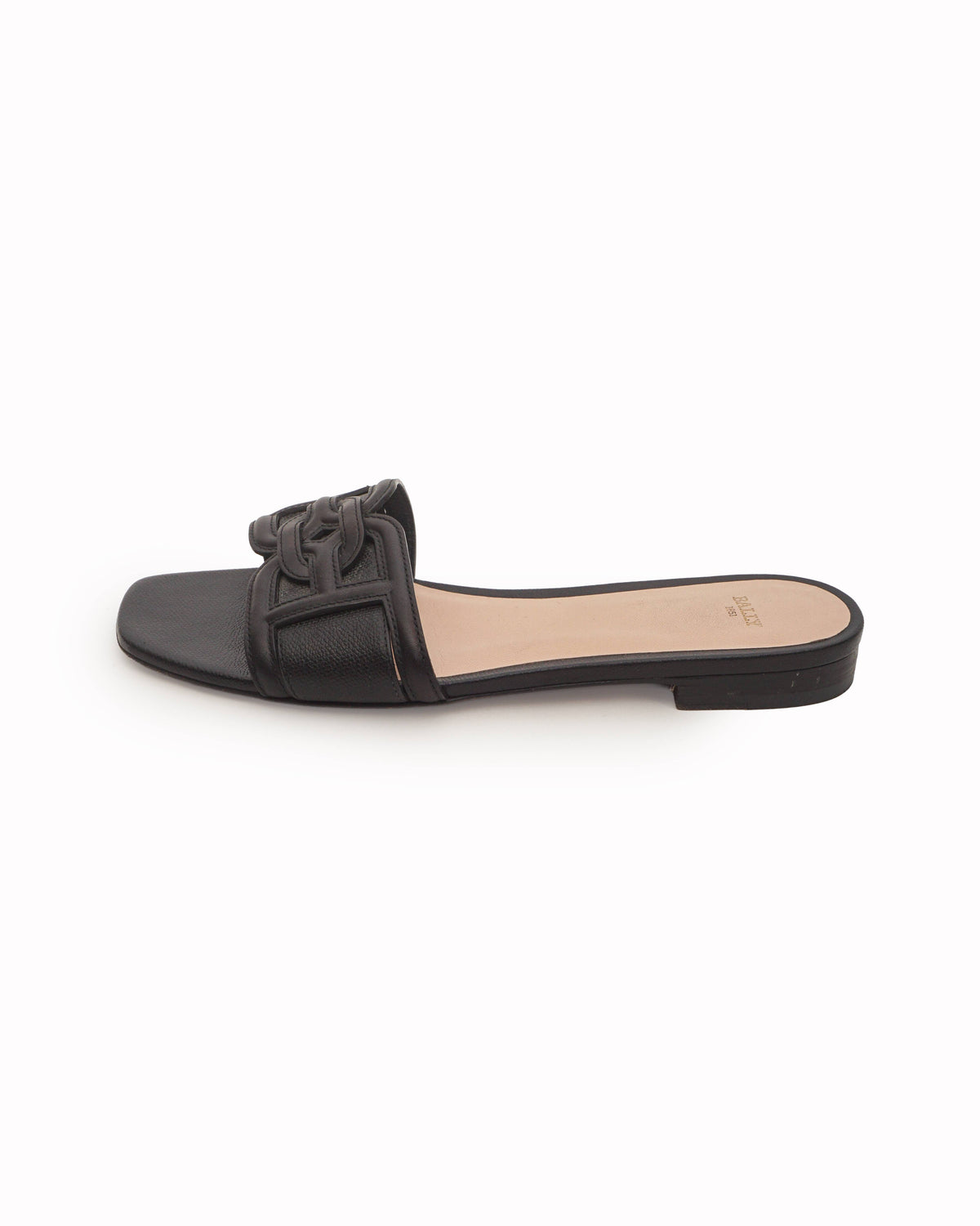 Bally Black Leather Interlocking B-Chain Flat Slide
