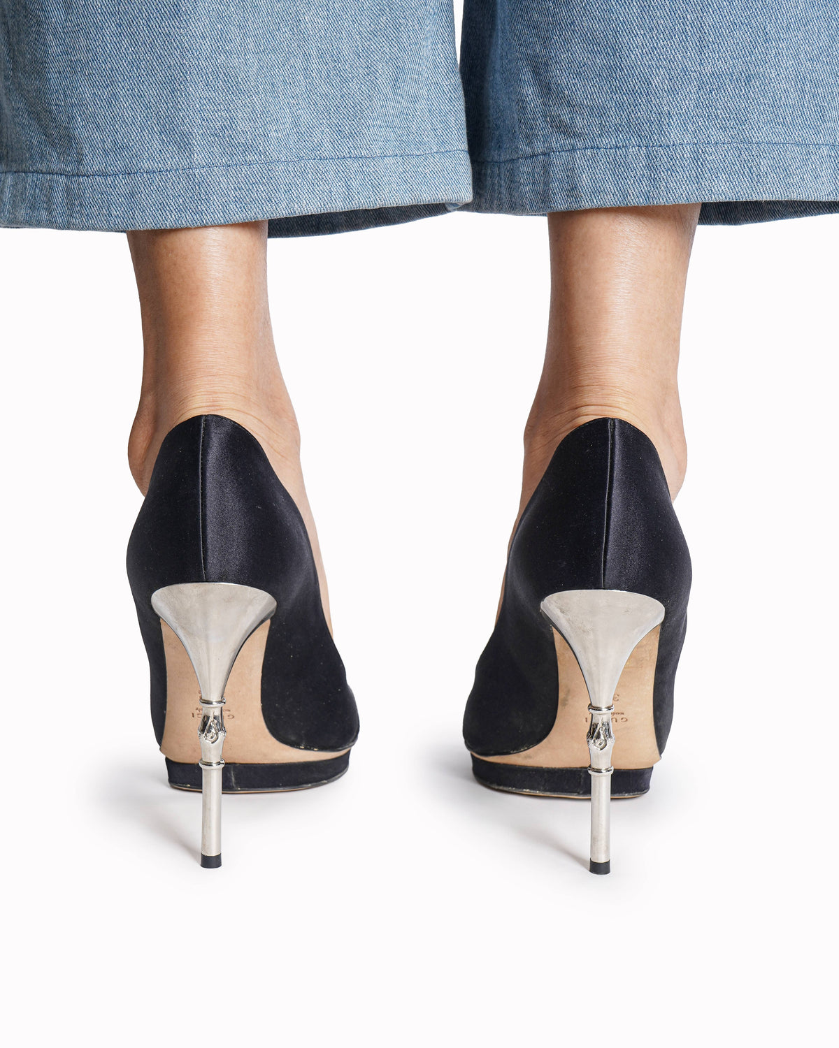 Gucci Black Satin Bamboo Silver Metal Stiletto Heels