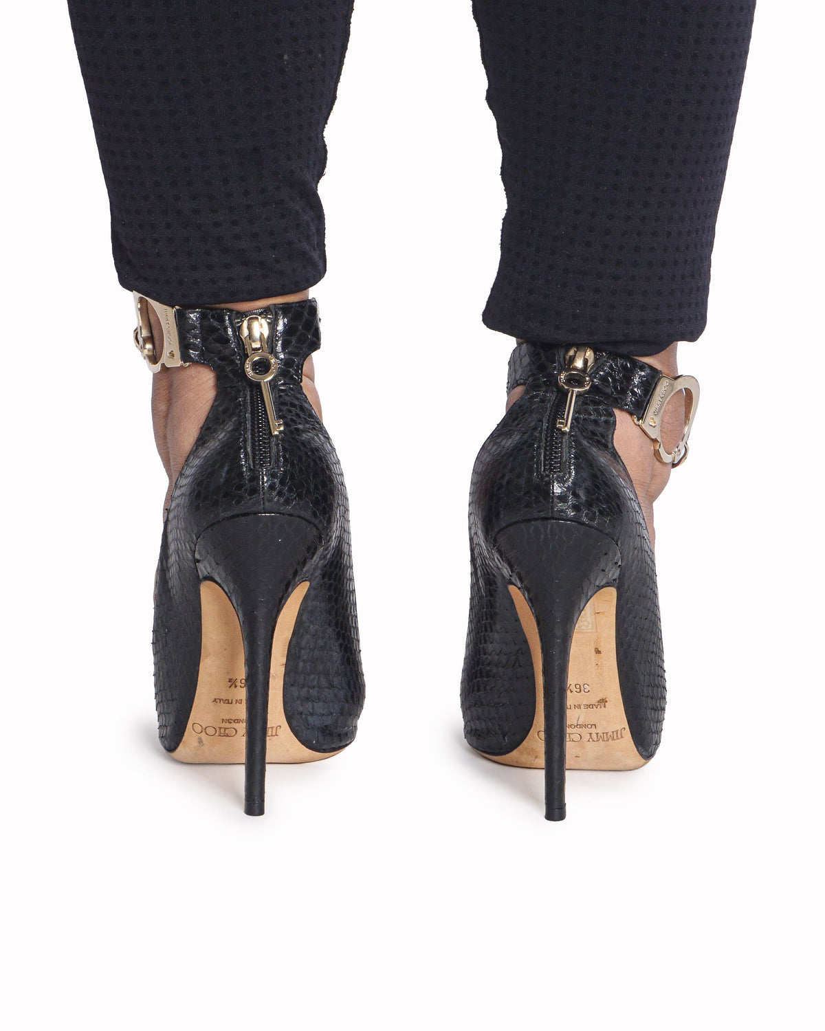 Jimmy Choo Black Python Devote Handcuff Ankle Strap Heel Pumps