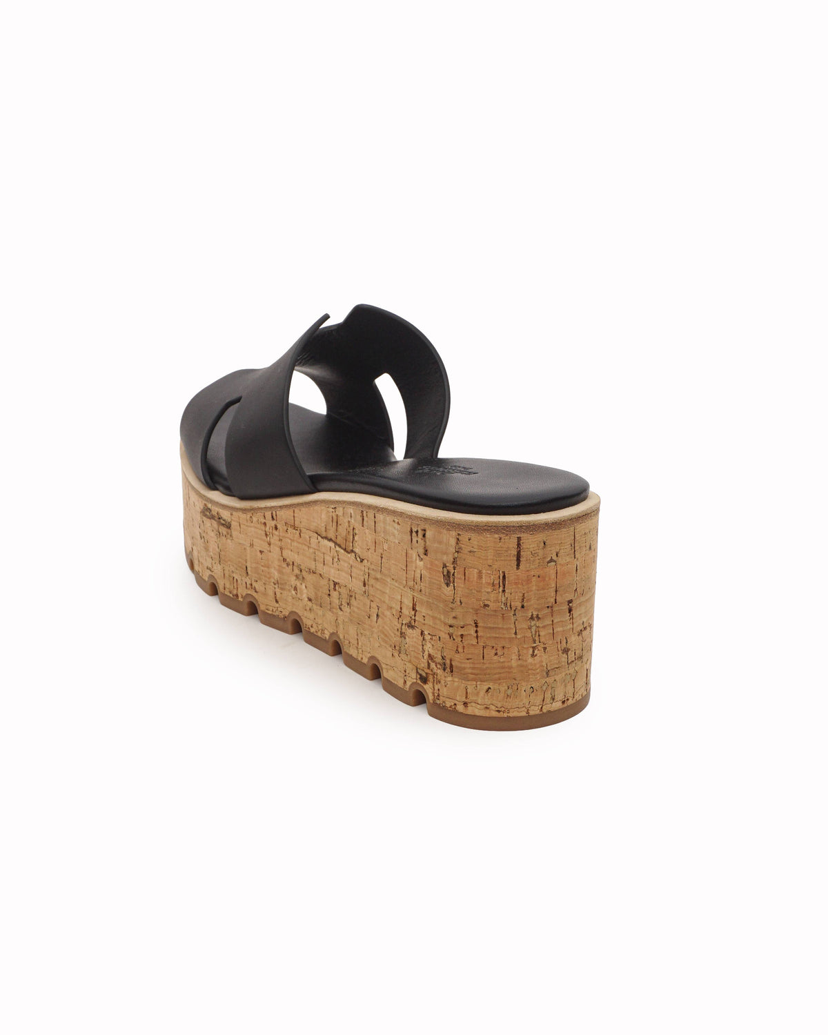Hermès Eze 30 Black Leather Cork Platform Wedge Sandals