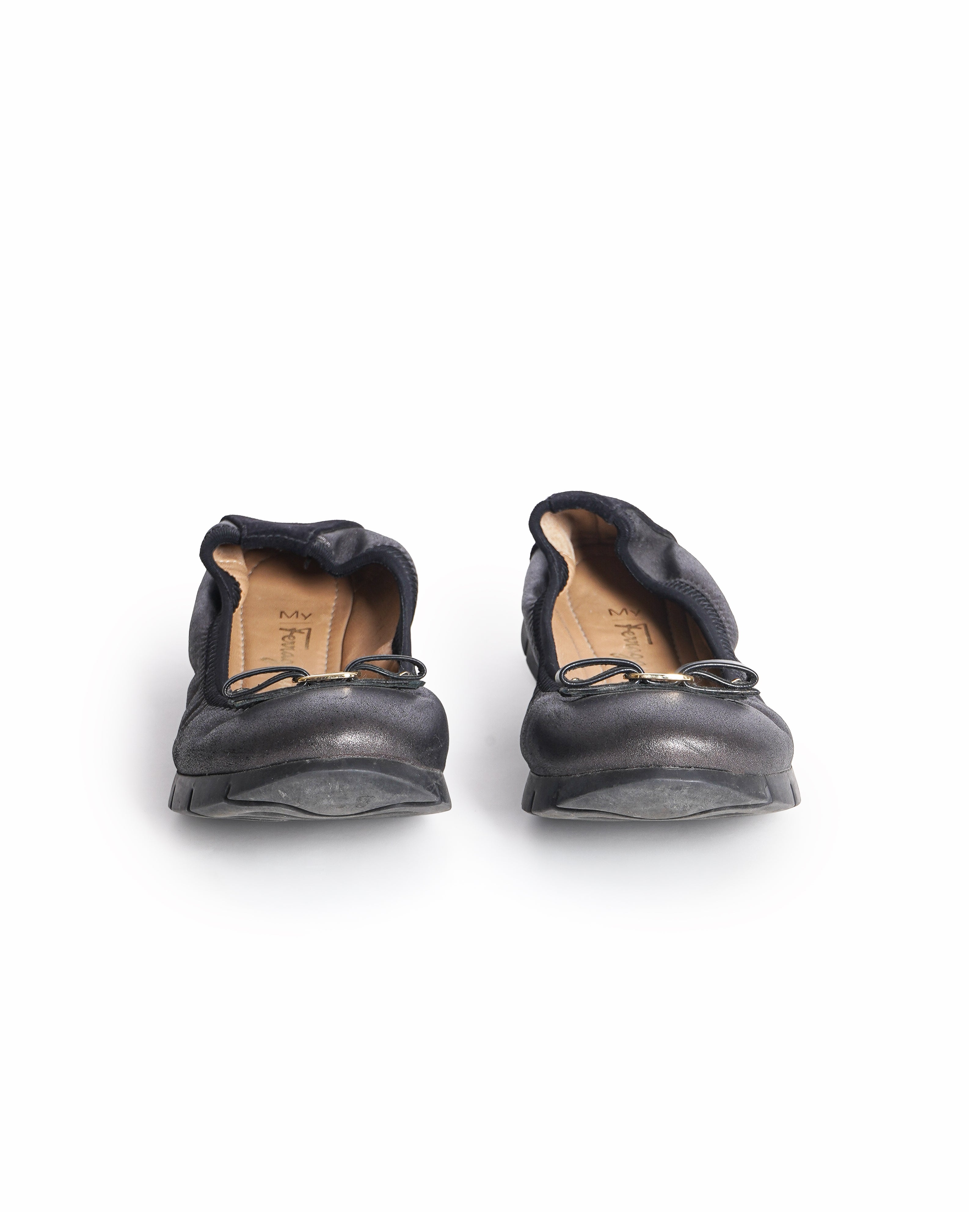 Salvatore Ferragamo My Joy Metallic Pewter Leather Scrunch Ballet Flats