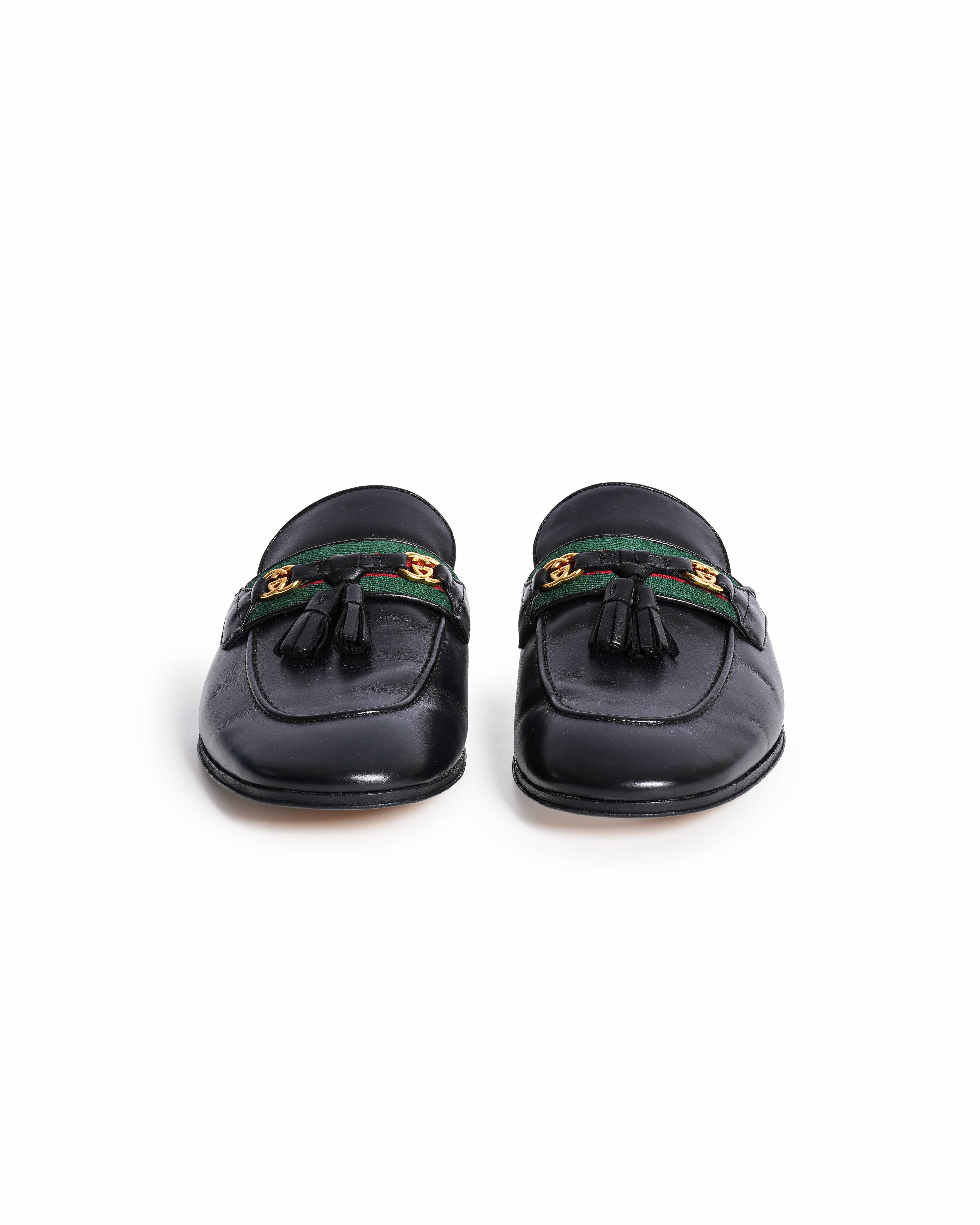 Gucci Black Leather Tassel Web Princetown Horsebit Flat