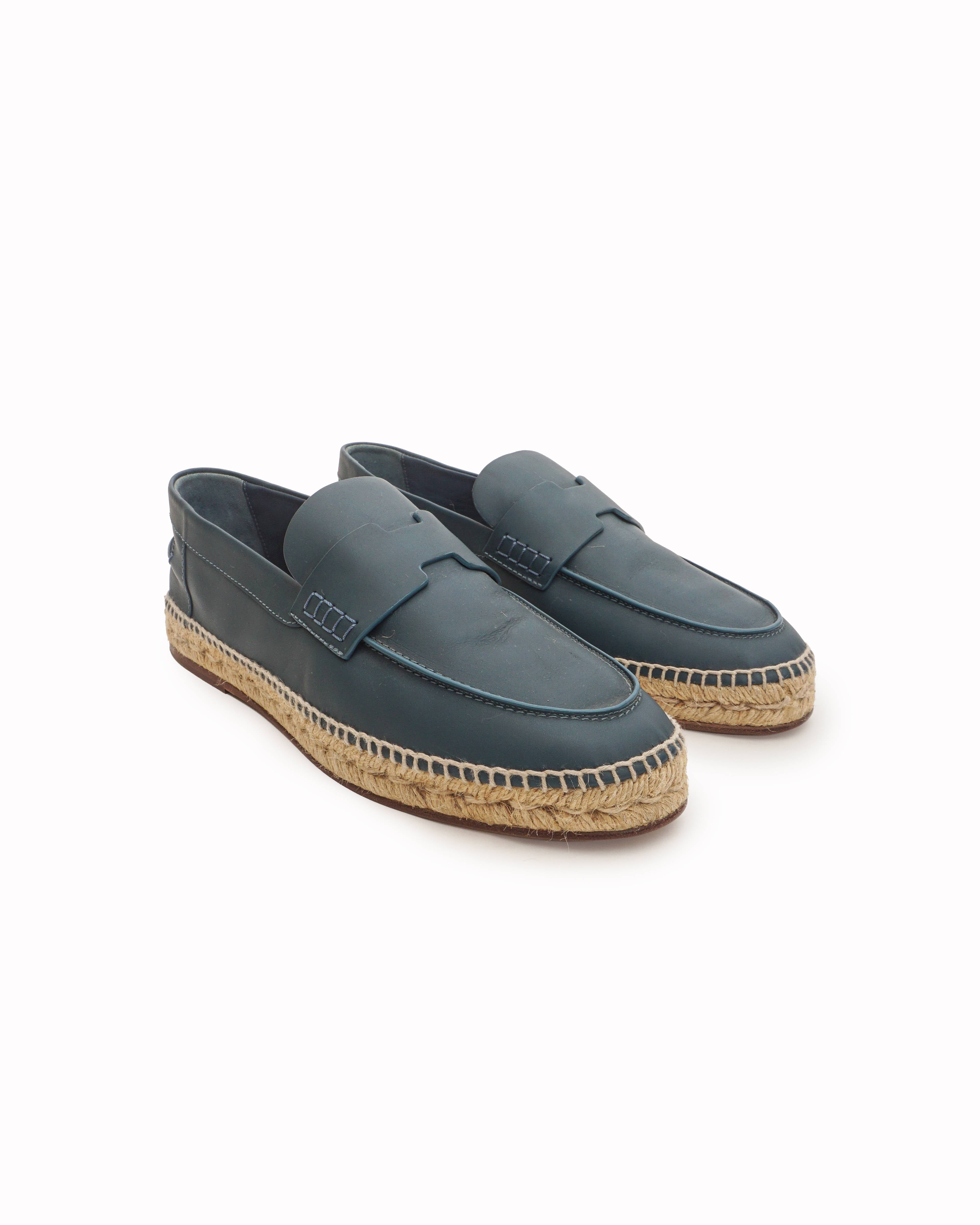 Hermès Blue Leather Trip H Logo Espadrille Loafers