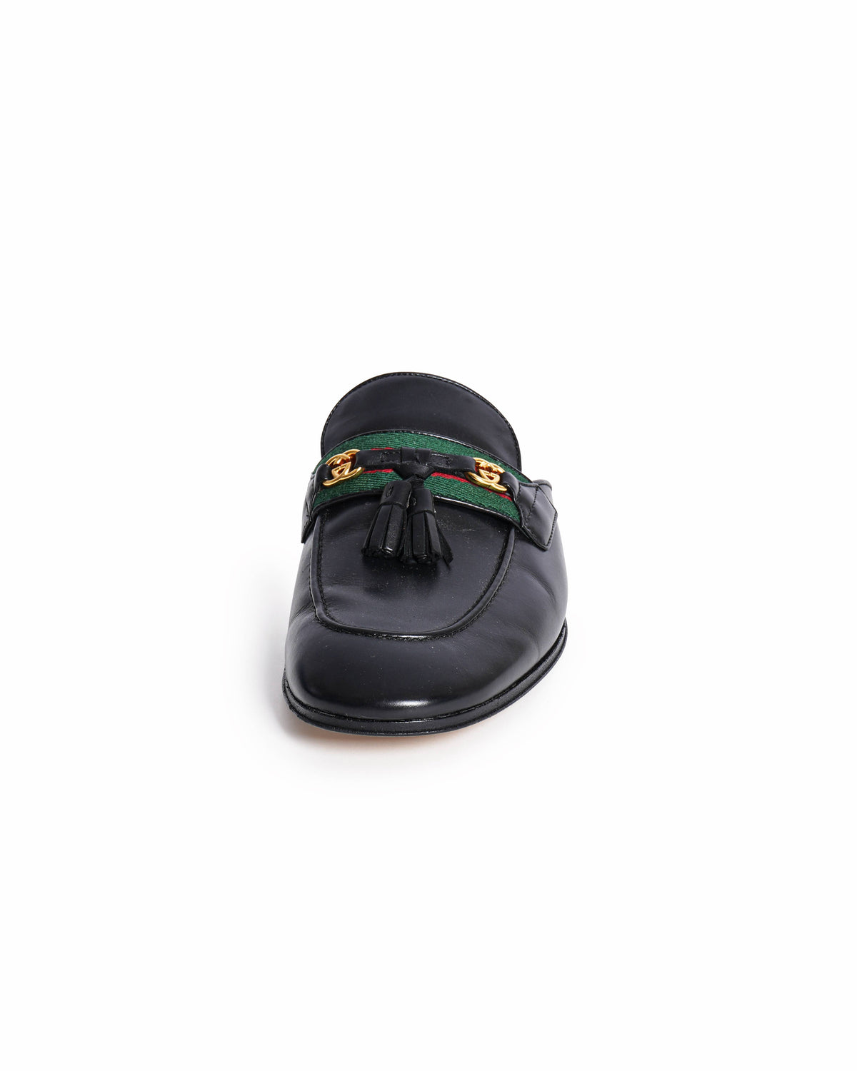 Gucci Black Leather Tassel Web Princetown Horsebit Flat