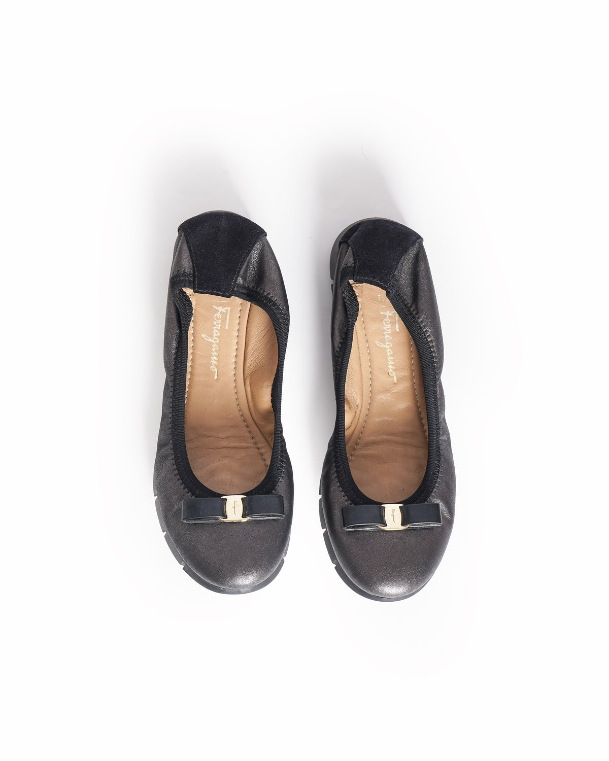 Salvatore Ferragamo My Joy Metallic Pewter Leather Scrunch Ballet Flats