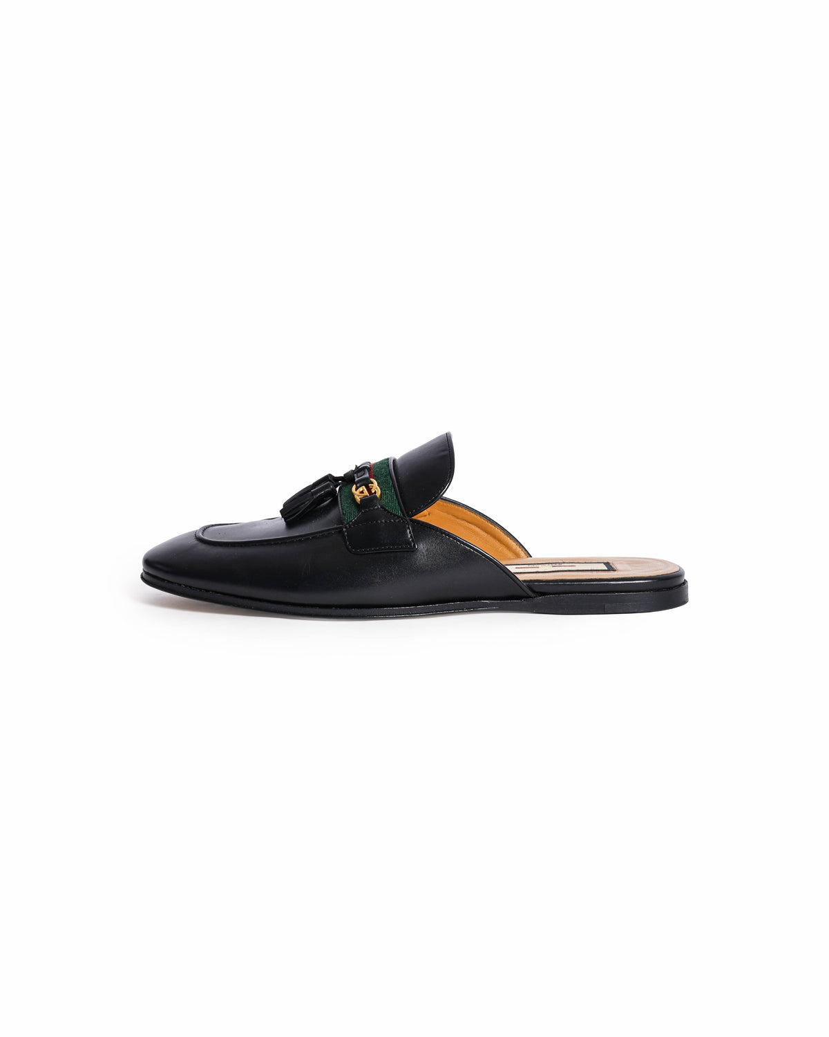Gucci Black Leather Tassel Web Princetown Horsebit Flat