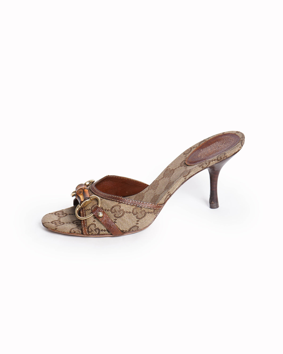 Gucci Beige & Ebony GG Canvas Horsebit Bamboo Slide Heels