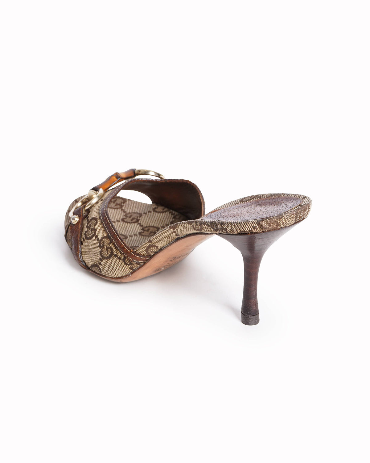 Gucci Beige & Ebony GG Canvas Horsebit Bamboo Slide Heels
