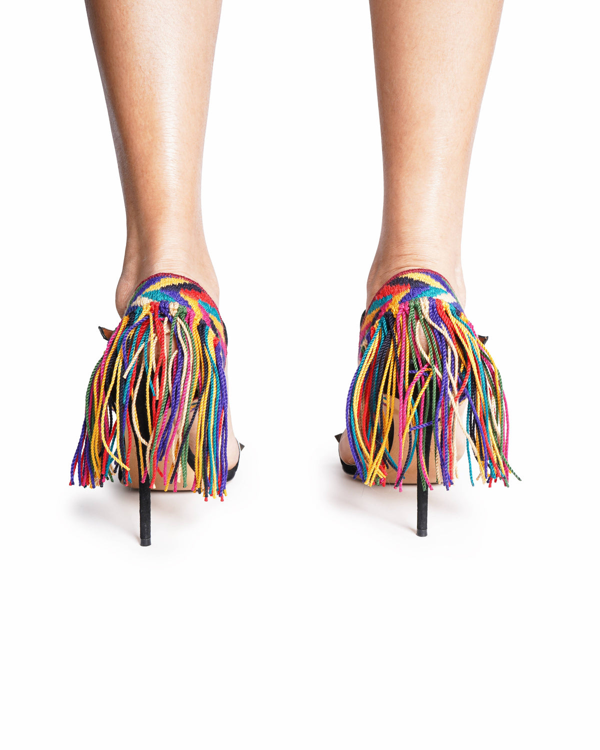 Valentino Garavani Rockstud Rolling Fringe Suede Heels Black Turquoise