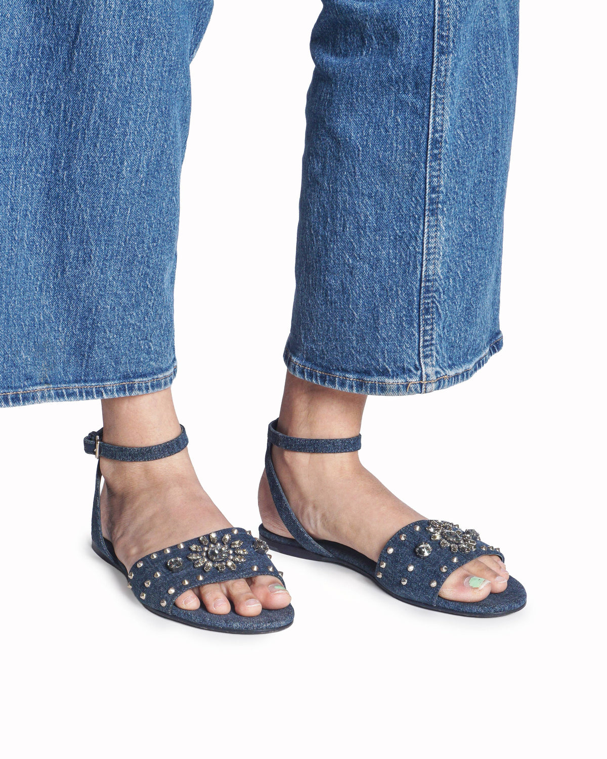 Miu Miu Blue Denim Studded Crystal Flower Sandals