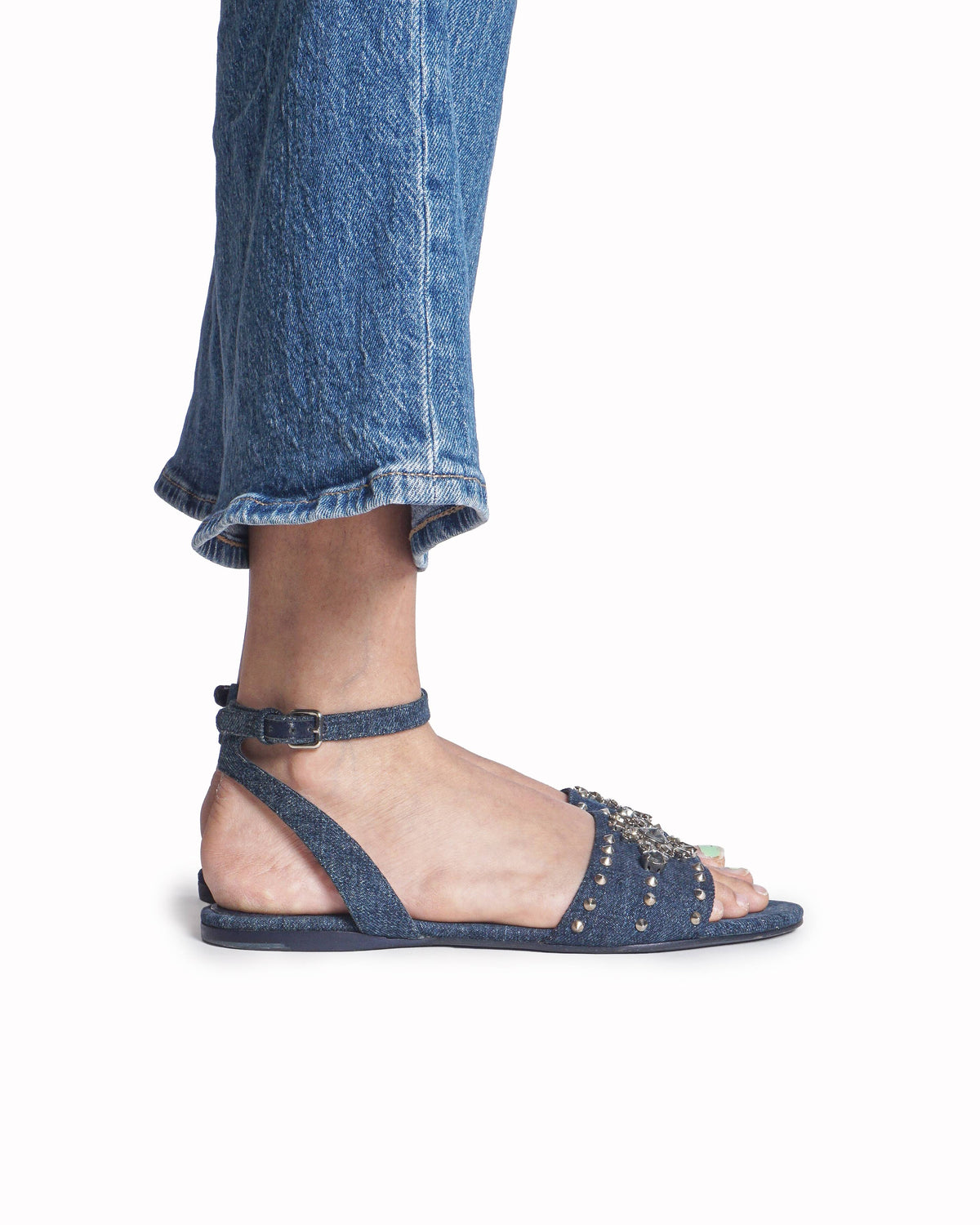 Miu Miu Blue Denim Studded Crystal Flower Sandals