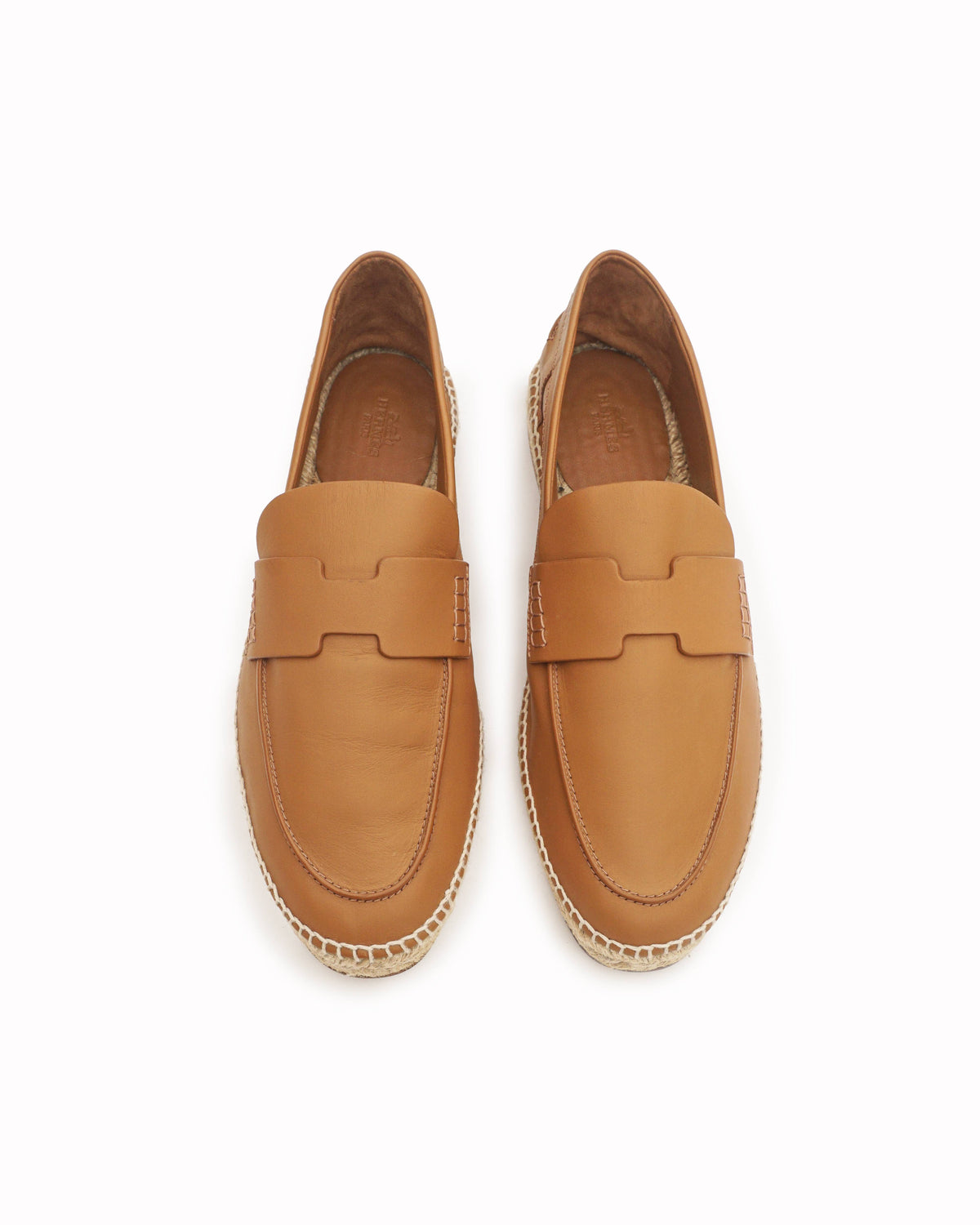 Hermès Cognac Leather Trip H Logo Espadrille Loafers