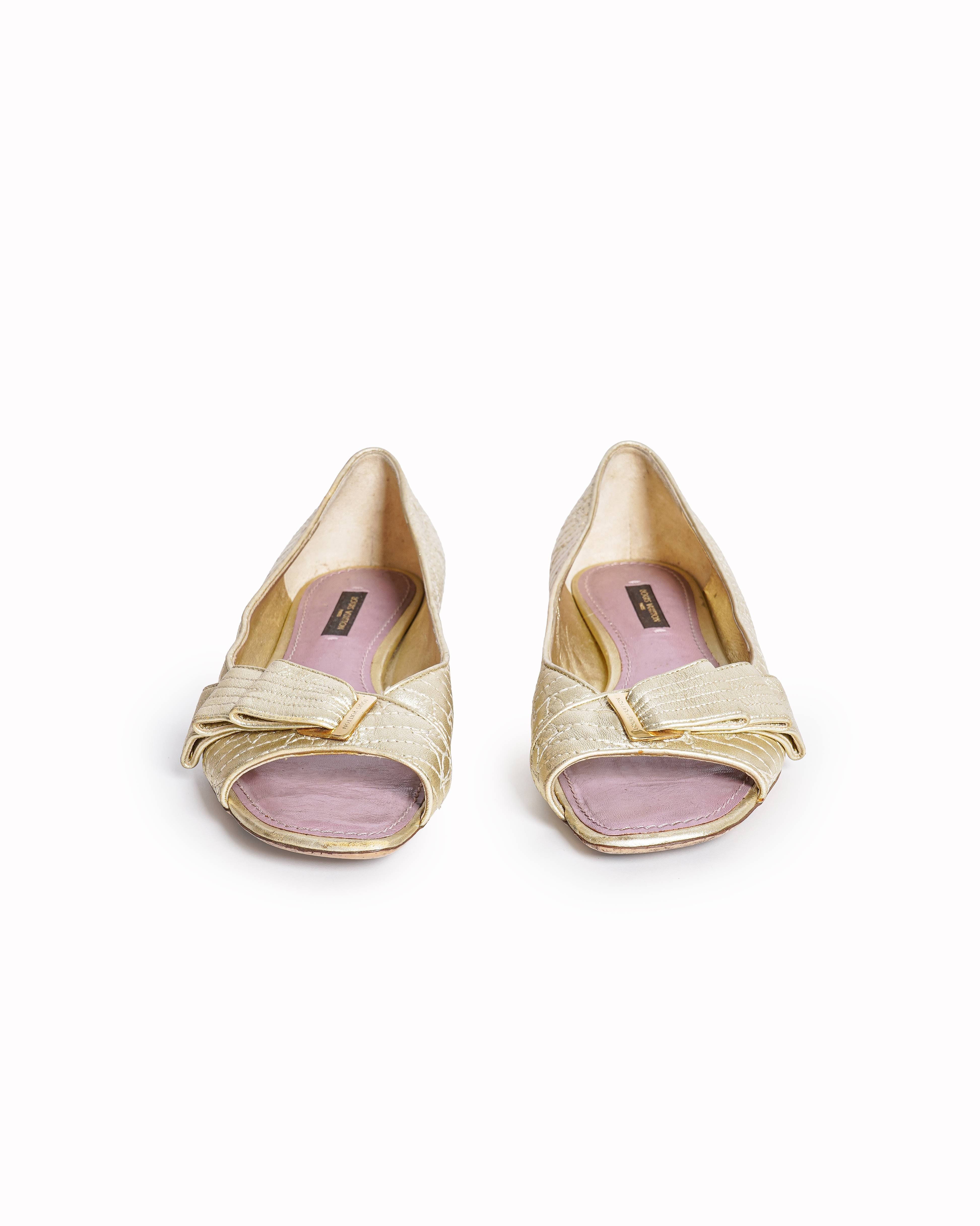 Louis Vuitton Goldtone Monogram Quilted Leather Peep Toe Flats