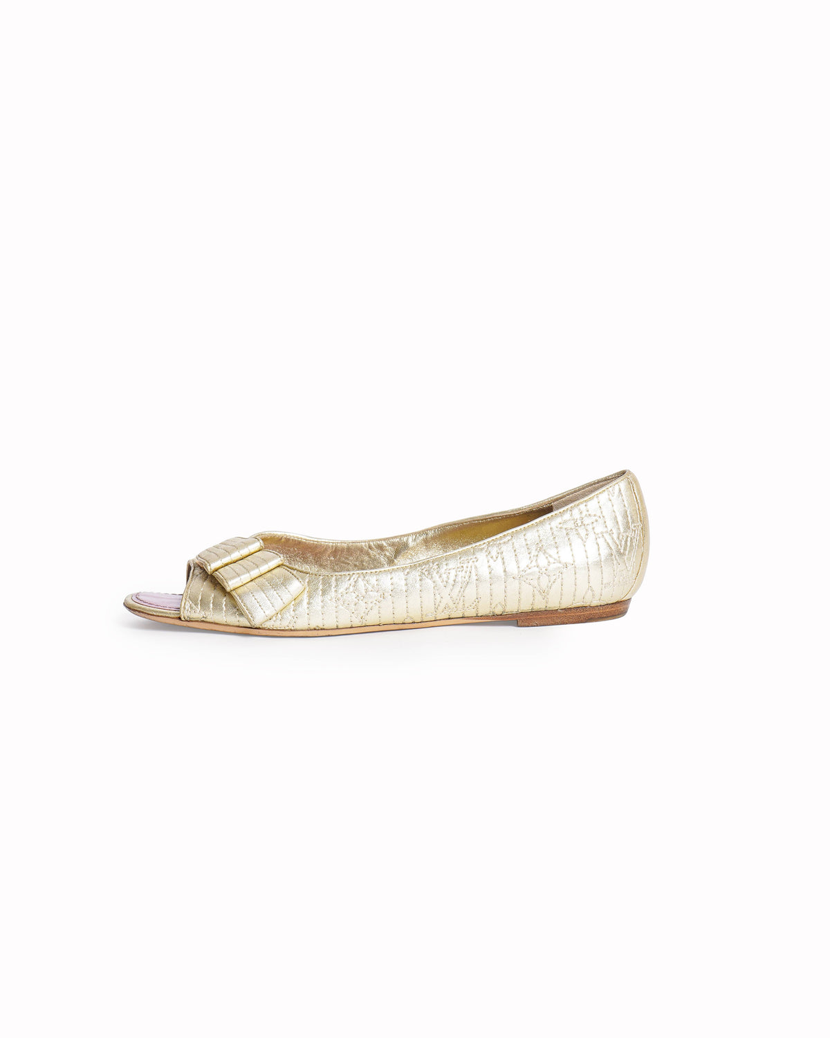 Louis Vuitton Goldtone Monogram Quilted Leather Peep Toe Flats