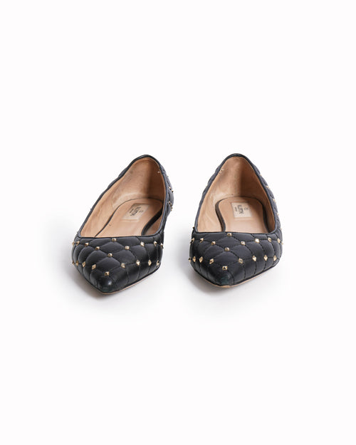 Valentino Black Leather Rockstud Embellished Pointed Toe Ballet Flats