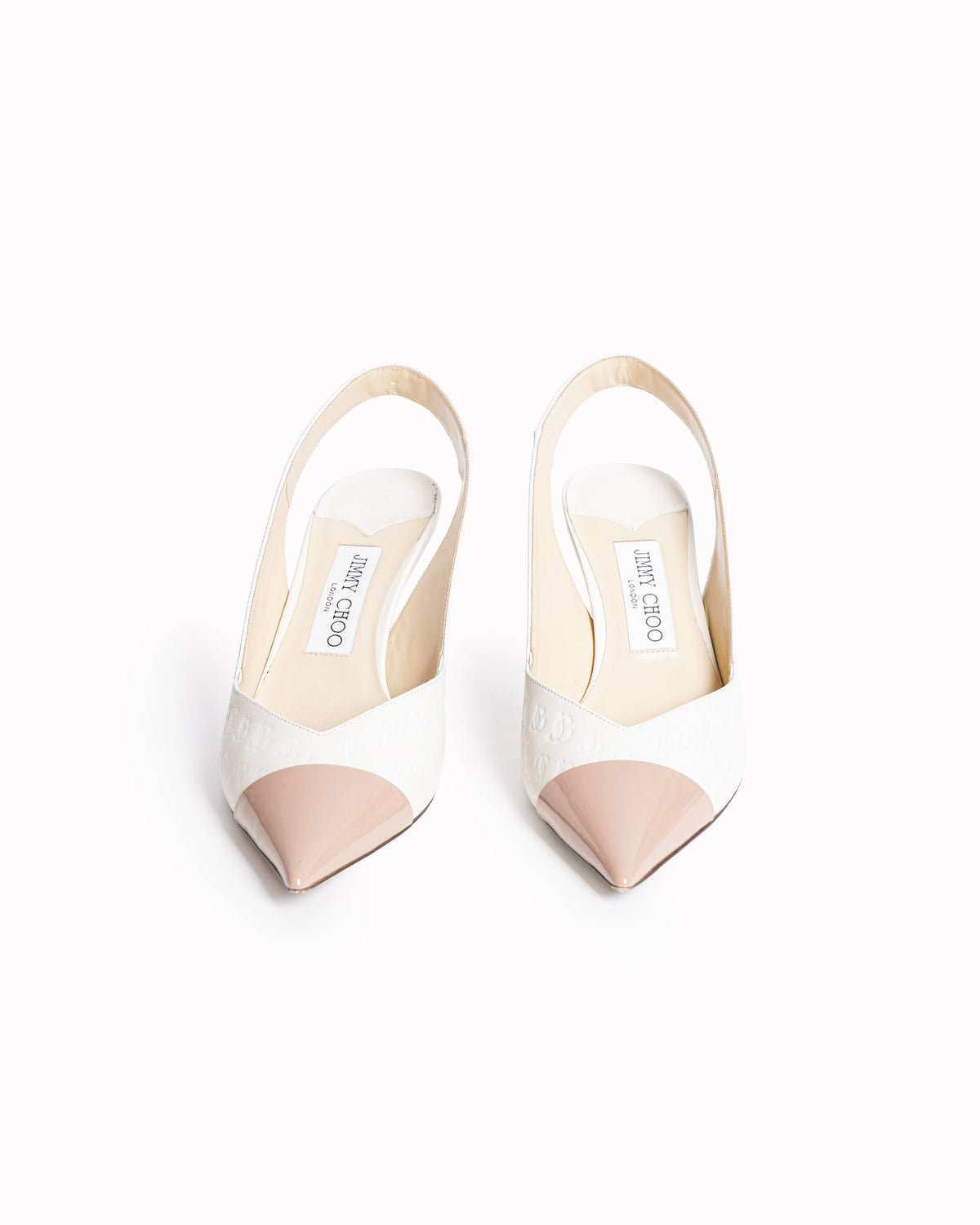Jimmy Choo White/Beige Canvas and Patent Leather Slingback Pumps