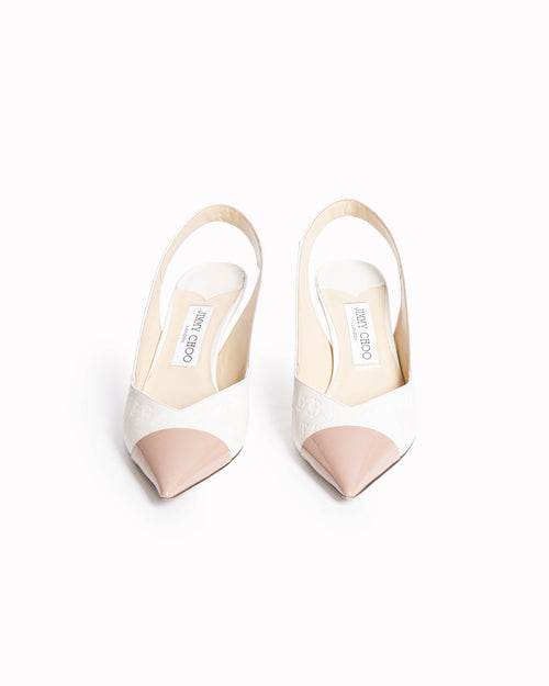Jimmy Choo White/Beige Canvas and Patent Leather Slingback Pumps