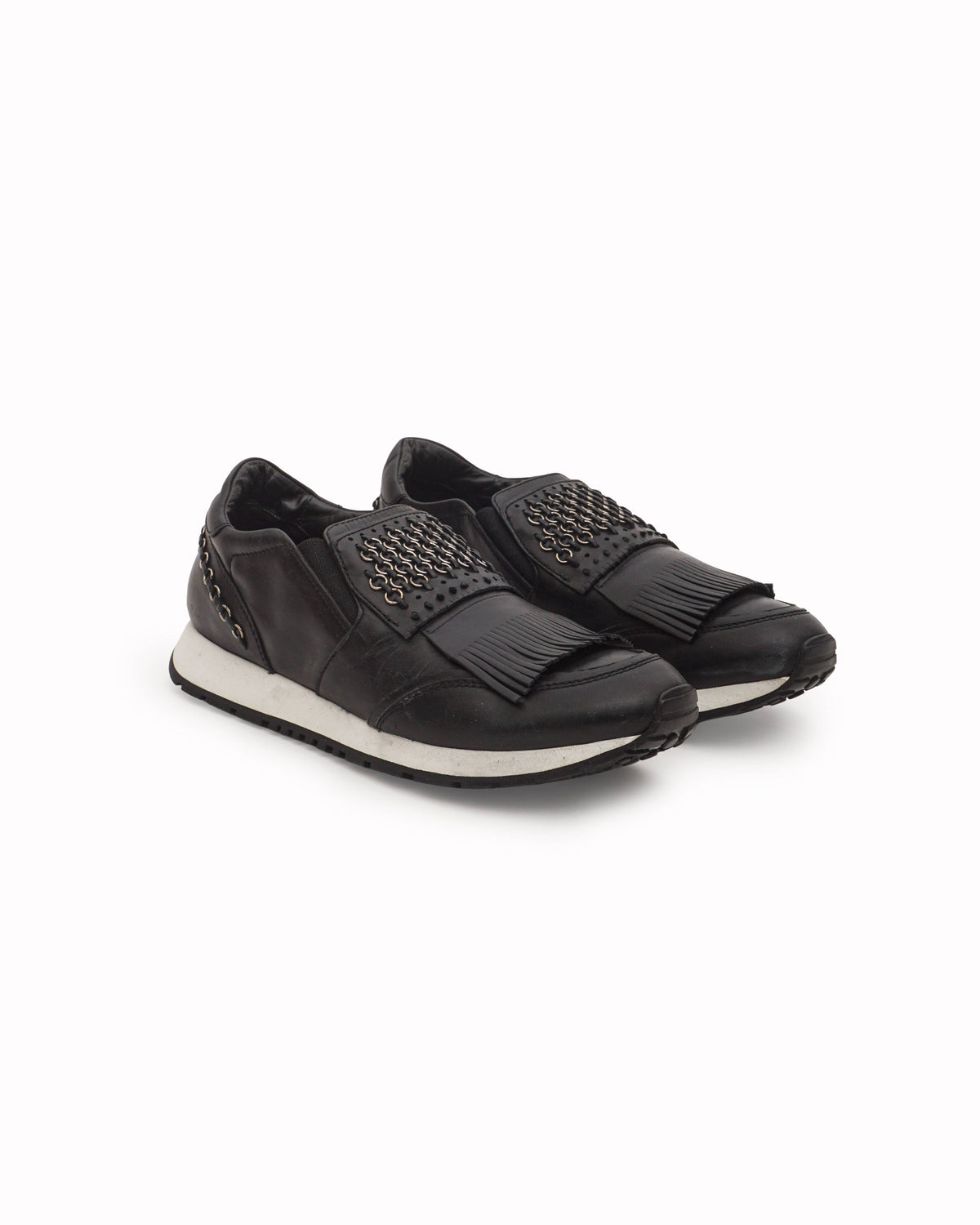 Tod's Black Leather Fringed Ring Slip-On Sneakers