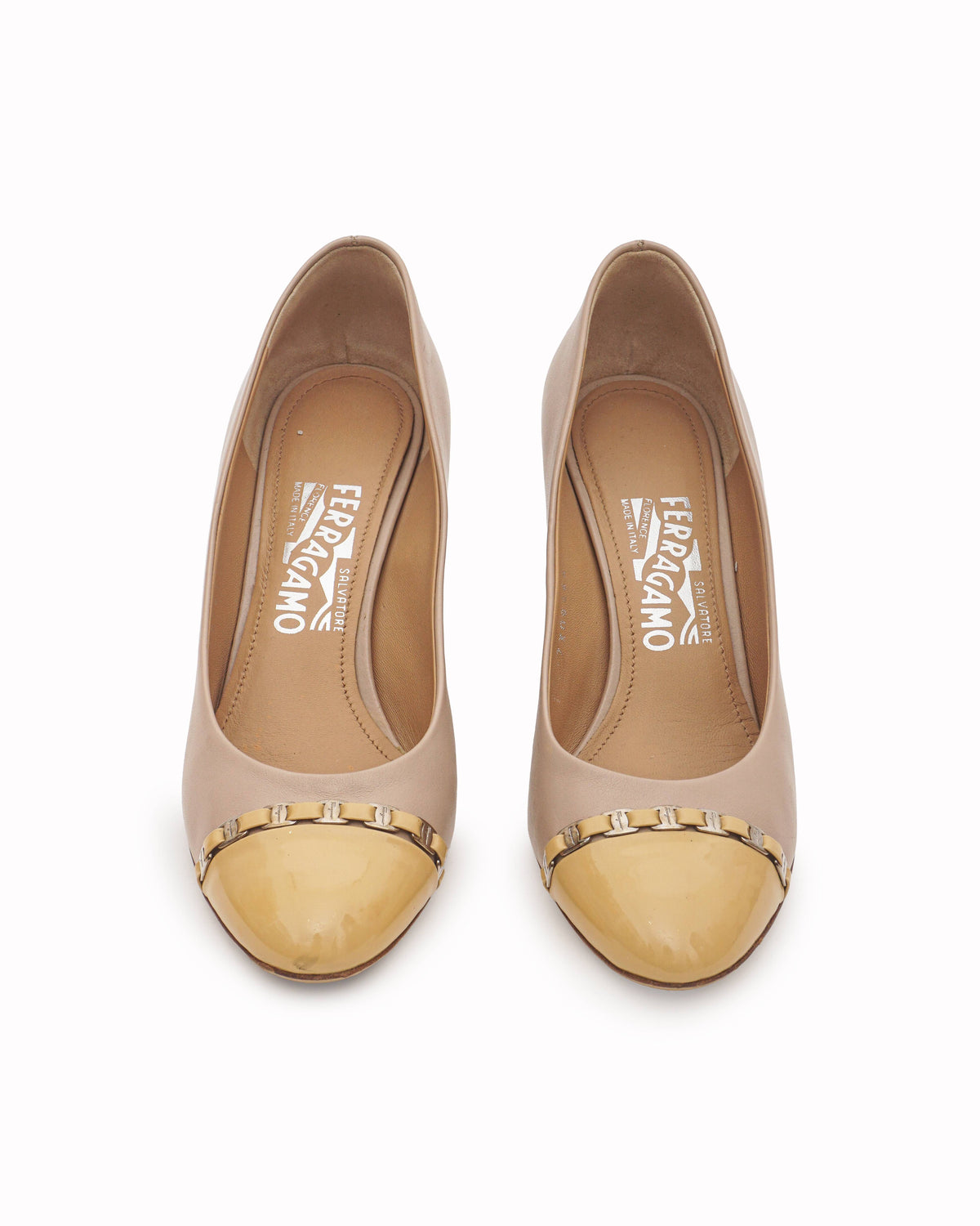 Salvatore Ferragamo Beige Leather Gancini Cap-Toe Wedge Pumps