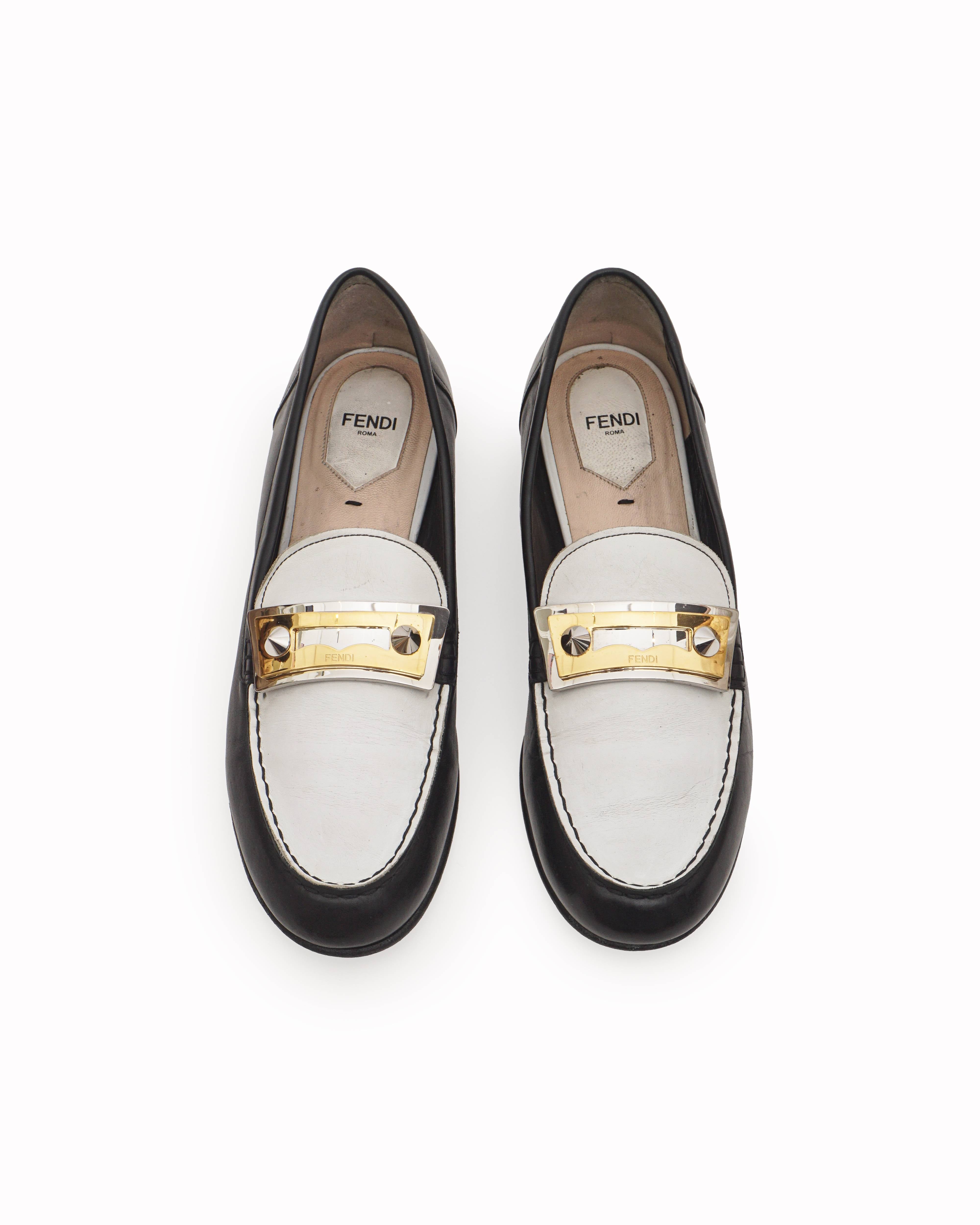 Fendi Black & White Leather Rachel Penny Loafers