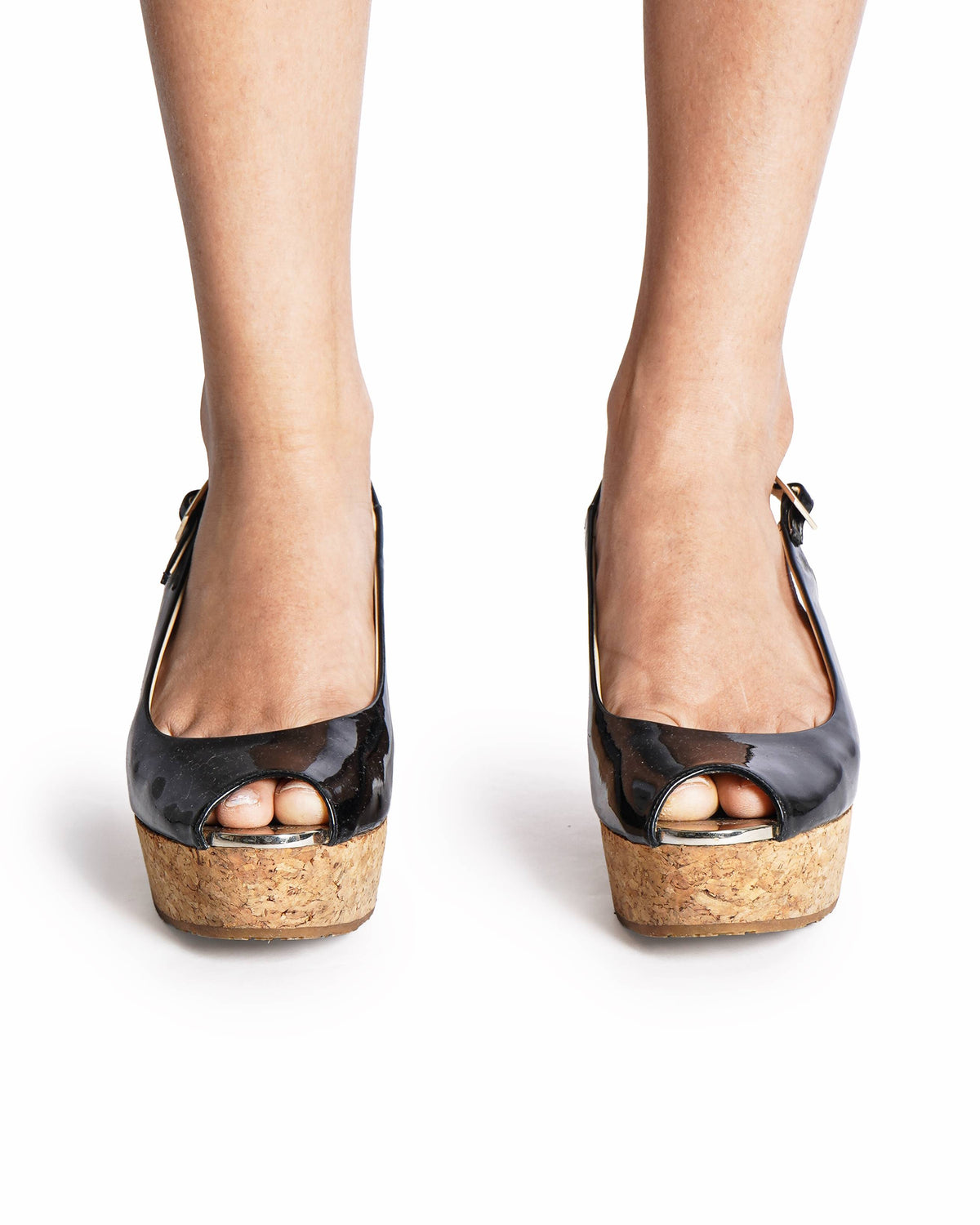 Jimmy Choo Black Patent Leather Cork Platform Wedge Slingbacks