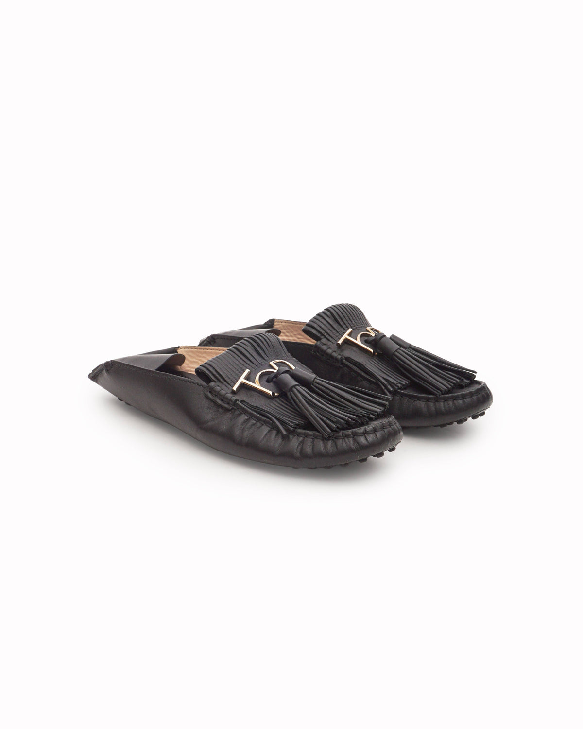 Tod’s Black Leather Fringe Tassel Brass Logo Gommino Loafers