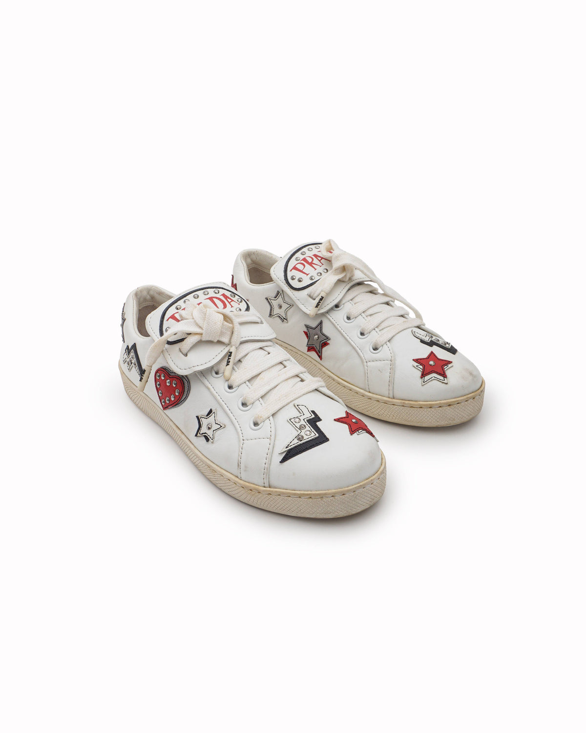Prada White Leather Studded Star & Lightning Bolt Low-Top Sneakers